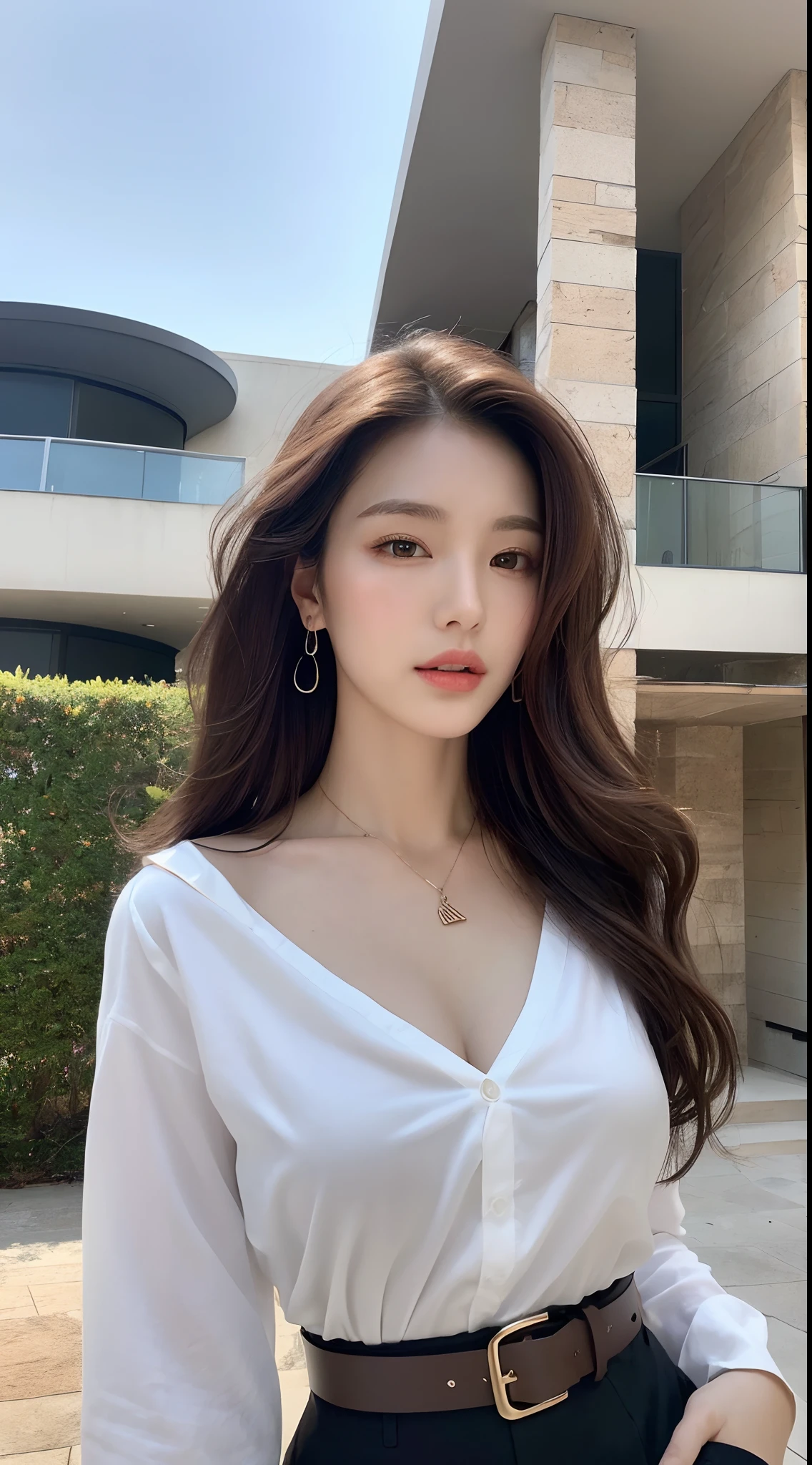 (Best quality, High resolution, Masterpiece :1.3), A tall and pretty woman, Slender abs, Dark brown hair styled in loose waves, Breasts, Wearing pendant, White button up shirt, Belt, Black skirt, (Modern architecture in background), Details exquisitely rendered in the face and skin texture, Detailed eyes, Double eyelid