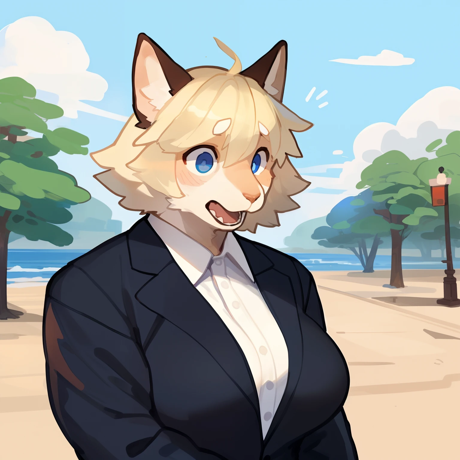 By bigcozyorca, by bebebebebe, by buta99, solo, female, (hair, snout), feline, embarassed, open mouth, blonde hair, wide eyes, big breasts, (muscular, suit)