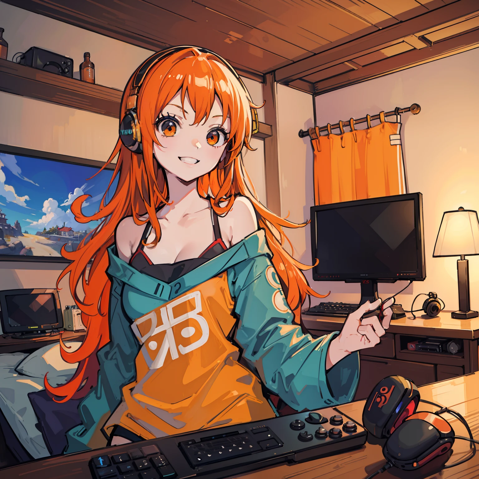 masutepiece, Fine detail, 4K, 8K, 12K, Solo, Solo, Beautiful Girl, caucasian female, Nami of one piece, Orange hair, Long hair, Game Controller, Indoors, Room, Own room, a computer, Playing games, headphones, Jersey,A smile、 nigh sky