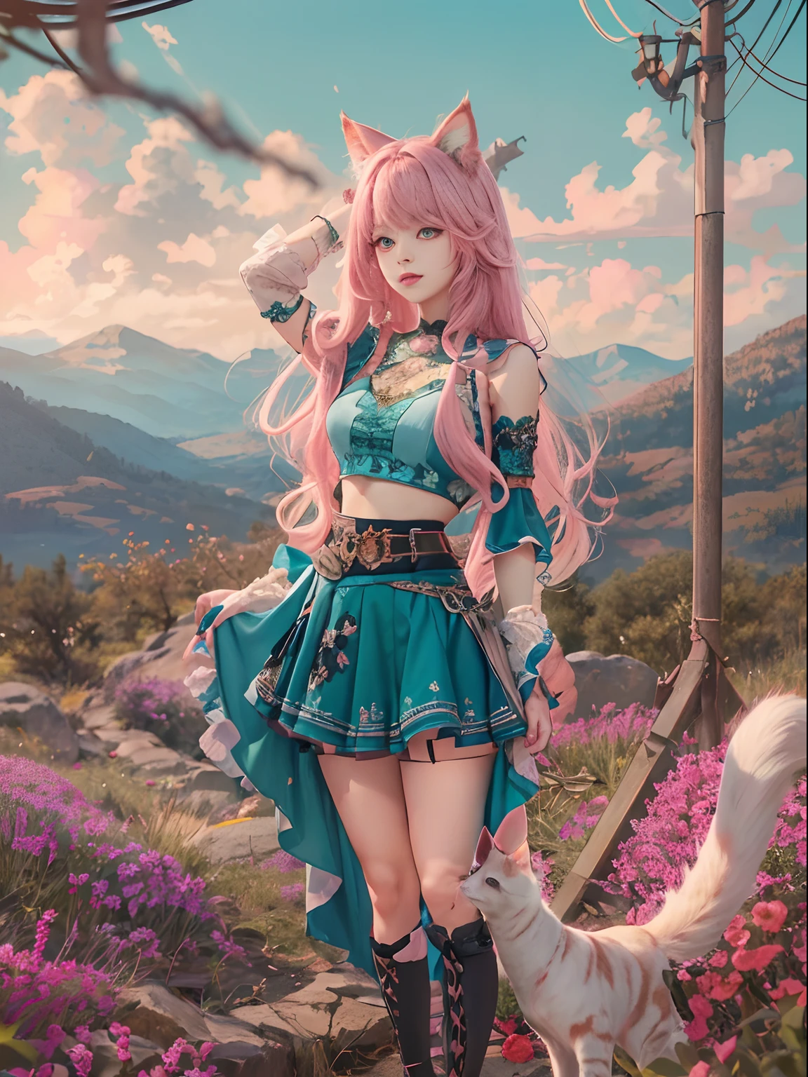 intricate details, 1girl, dionadef, aged up, absurdly long pink hair, calico cat ears, detailed teal green eyes, detailed crop top, detached sleeves, midriff, detailed skirt, detailed stockings, outside, nature, detailed background, cowboy shot