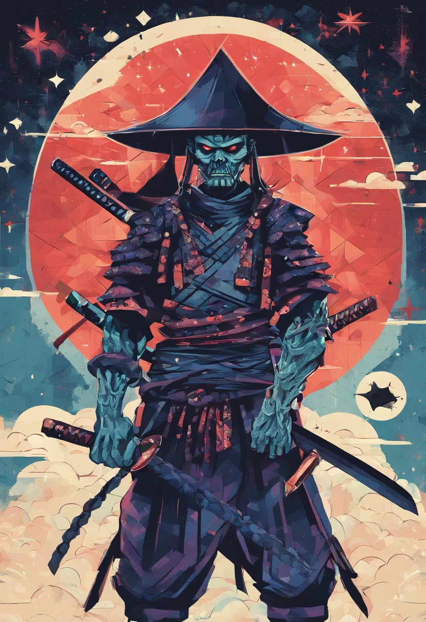 Painting of a zombie samurai holding a katana, Starry skies and mist shroud the landscape.