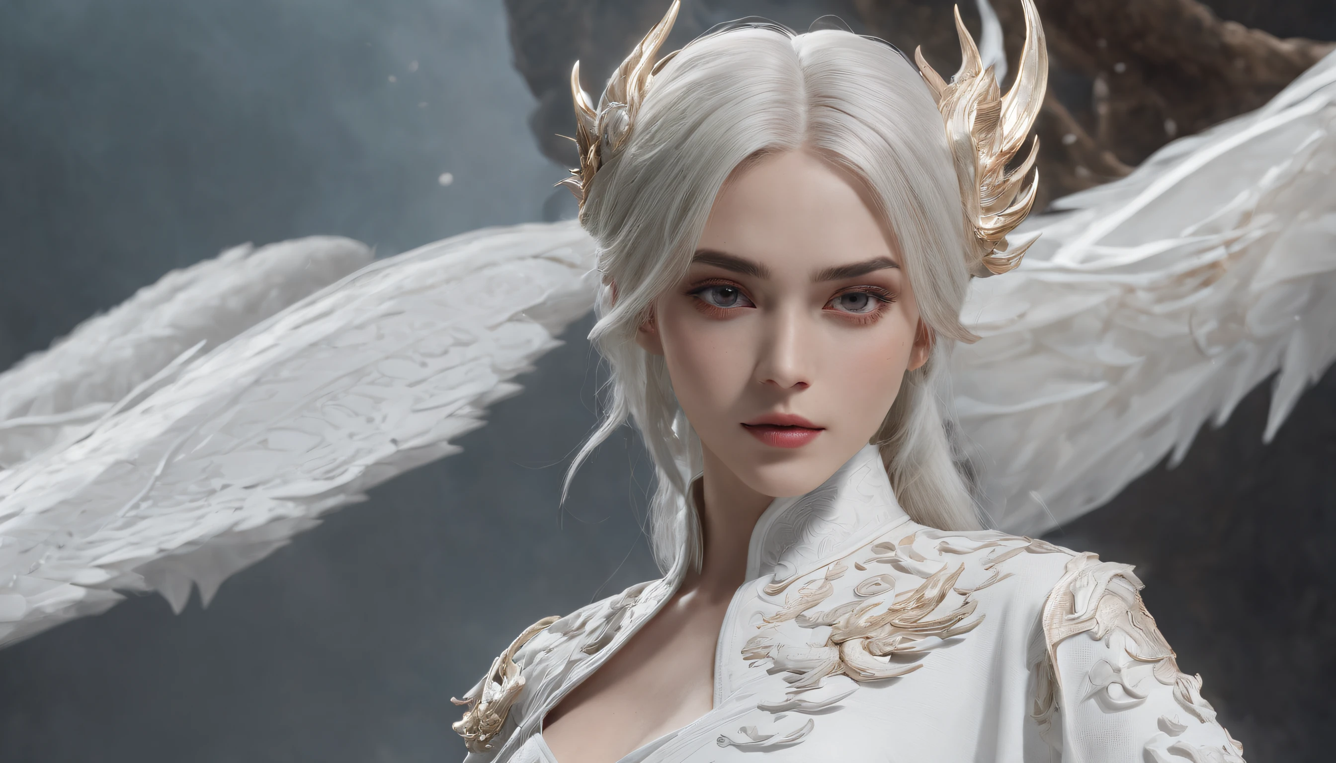 Cirilla Fiona Elen Riannon,动态照明,art stations,poster for,Volumetriclighting,Very detailed faces,4k wallpapers,He has a delicate and beautiful face,long hair flowing,horse tailed,Fringed Hair Ornament,Dynamic perspective,White Hanfu,White gauze flying,red waistband,Sexy,Tradition Chinese Ink Painting,Surrounded by clouds,fog atmosphere,Ride a white dragon,White dragon horn,dynamic viewing angle,电影灯光