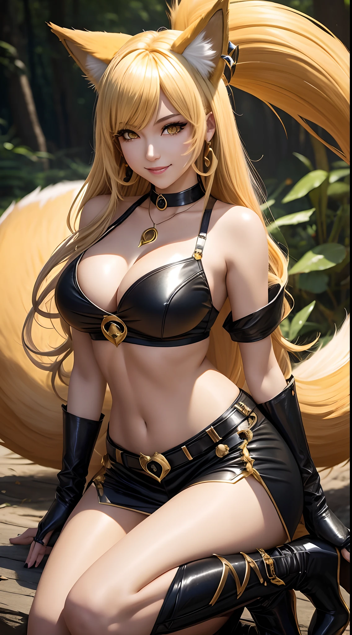 K/Da_ahri, 1girll, ahri (League of Legends), Breasts, Animal ears, Blonde hair, Solo, Fox ears, K/Da (League of Legends), Long hair, cleavage, Tail, whisker markings, view the viewer, face markings, choker necklace, Large breasts, Bare shoulders, Fox tail, jewelry, Yellow eyes, Upper body, Multiple tails, bangs, Shiny, 鎖骨, covered navel, Earrings，Smile，full bodyesbian，Wear long-barreled high-heeled boots，forest backgrou