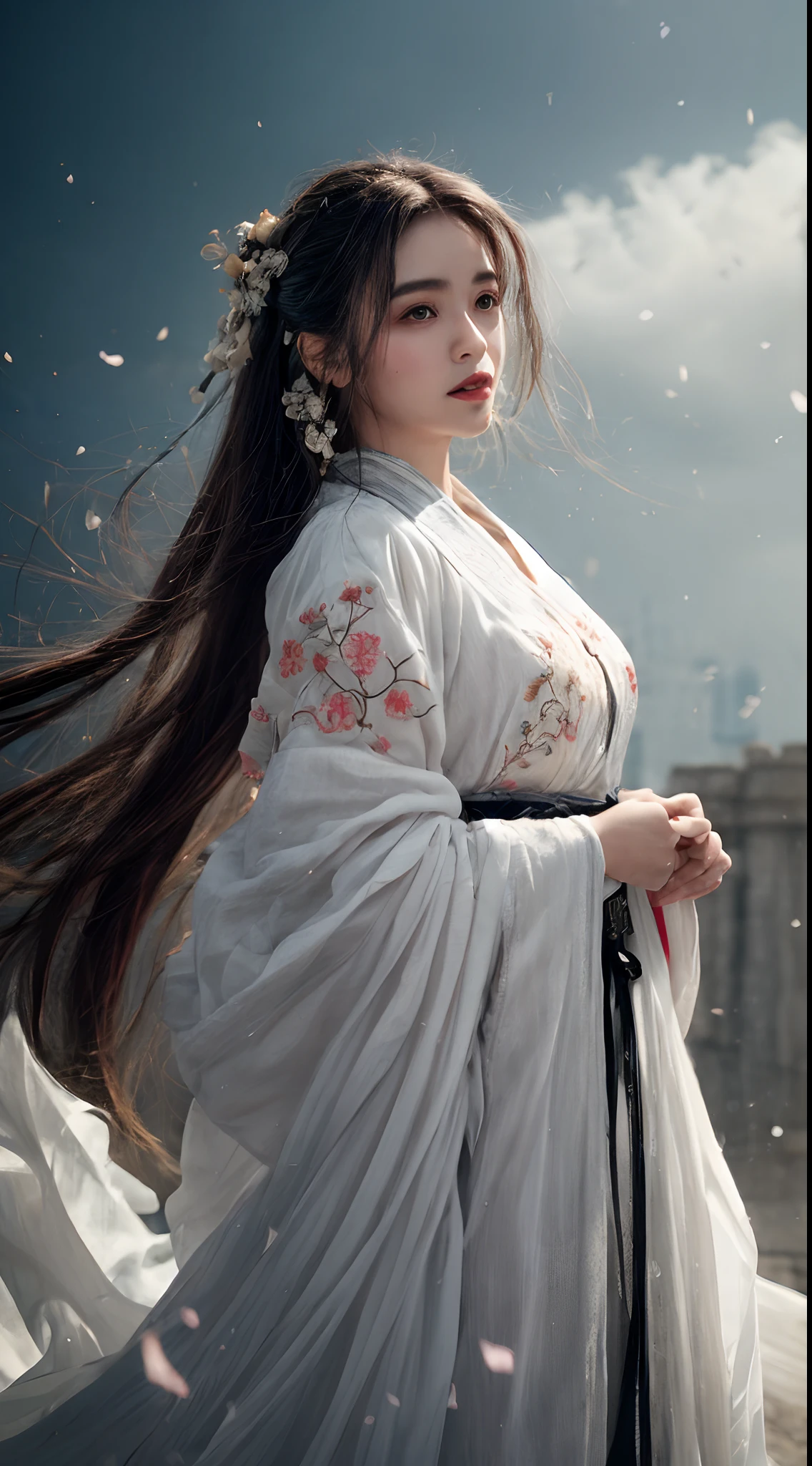 (Best quality,4K,A high resolution,Masterpiece:1.2),Ultra-detailed,Realistic, Black and white Hanfu,Black embroidery, Flowing white ponytail, Long flowing hair, White mask, The mask flutters in the wind, Fringed Hair Ornament, Peony flower, Ancient style, Wide sleeves, Dynamic pose, Dramatic composition, falling flower petals, red waistband, the complex background, Ancient architecture, Misty clouds, Fairy tale background, Swirling clouds, Cinematic lighting.