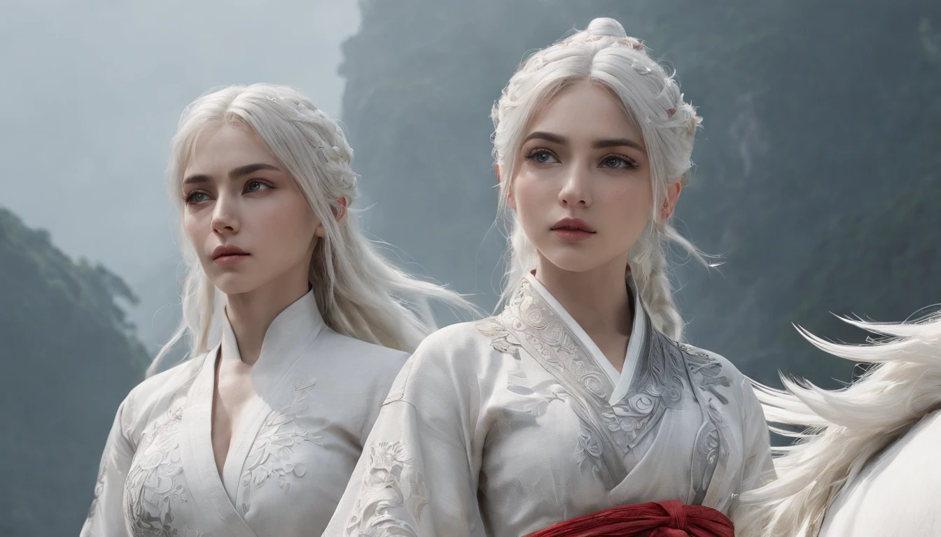 Cirilla Fiona Elen Riannon,动态照明,art stations,poster for,Volumetriclighting,Very detailed faces,4k wallpapers,He has a delicate and beautiful face,long hair flowing,horse tailed,Fringed Hair Ornament,Dynamic perspective,White Hanfu,White gauze flying,red waistband,Sexy,Tradition Chinese Ink Painting,Surrounded by clouds,fog atmosphere,Ride a white dragon,White dragon horn,dynamic viewing angle,电影灯光