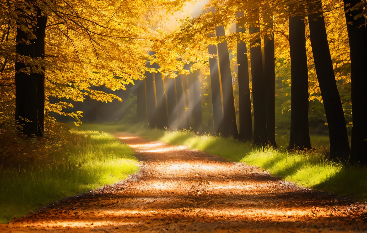 autumnal,A small dog on the way,Sunlight shines through the dirt road in the woods, rays of life, sunlight beams, sunlight beams, forest ray light, The Holy Light shines, holy light rays, rays of sunshine, shafts of light god rays, llight rays, Light shining through, beam of light, sunlight shining through, Illuminate the light, Some light