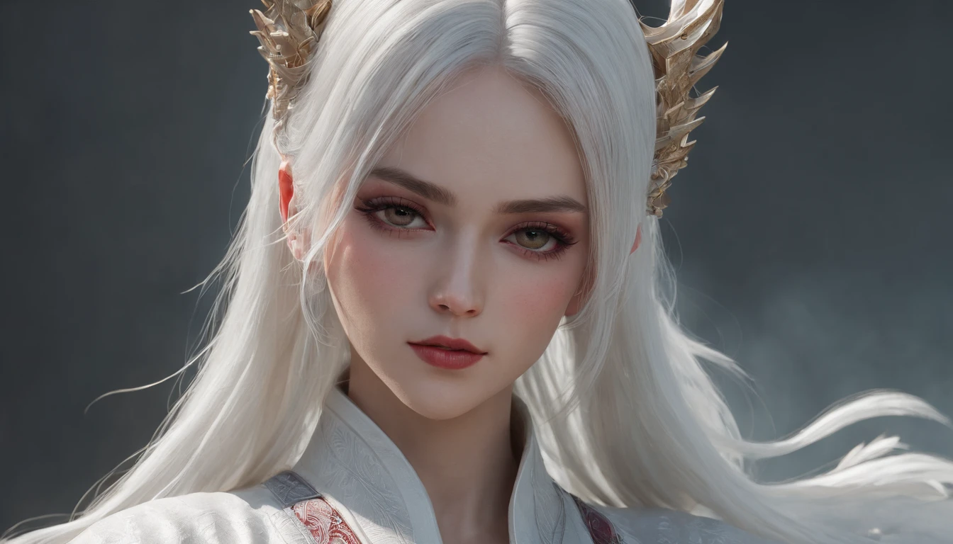 Cirilla Fiona Elen Riannon,动态照明,art stations,poster for,Volumetriclighting,Very detailed faces,4k wallpapers,He has a delicate and beautiful face,long hair flowing,horse tailed,Fringed Hair Ornament,Dynamic perspective,White Hanfu,White gauze flying,red waistband,Sexy,Tradition Chinese Ink Painting,Surrounded by clouds,fog atmosphere,Ride a white dragon,White dragon horn,dynamic viewing angle,电影灯光