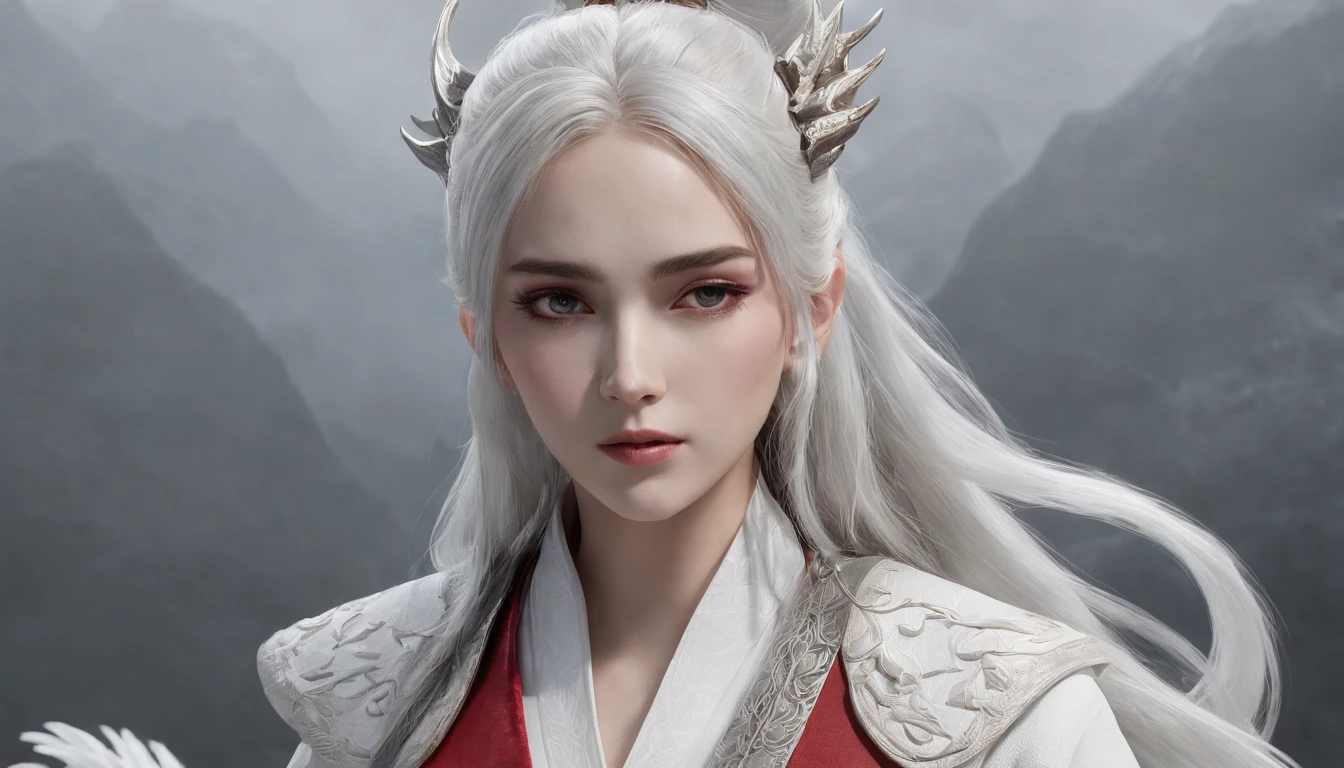 Cirilla Fiona Elen Riannon,动态照明,art stations,poster for,Volumetriclighting,Very detailed faces,4k wallpapers,He has a delicate and beautiful face,long hair flowing,horse tailed,Fringed Hair Ornament,Dynamic perspective,White Hanfu,White gauze flying,red waistband,Sexy,Tradition Chinese Ink Painting,Surrounded by clouds,fog atmosphere,Ride a white dragon,White dragon horn,dynamic viewing angle,电影灯光