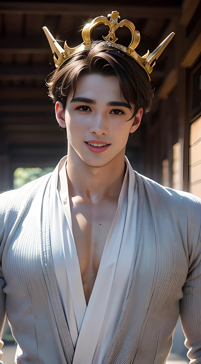 (((Men only))), ((head shot)), (face only), ((Pietro Boselli)), ((wearing an gray Indonesian traditional costume)), ((wearing a crown on his head)), (Indonesian traditional costume reflects the diverse cultures of the nation, featuring vibrant fabrics, intricate patterns, and often includes a kebaya (blouse) for women and a batik shirt for men, with accessories such as sarongs and headpieces, creating a rich tapestry of heritage attire), ((Handsome muscle man in his 20s)), (Big smile), (detaile: 1 in 1), Natural muscles, HIG quality, beautidful eyes, (Detailed face and eyes), (Face、: 1 / 2), Noise, Real Photographics、... ......................................................................................................................PSD, Sharp Focus, High resolution 8K, realisitic & Professional Photography, 8K UHD, Soft lighting, High quality, Film grain, FujifilmXT3