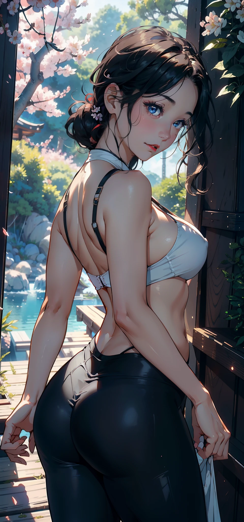 1female，35yo，A MILF，plumw，extremely large bosom， 独奏，（Background with：Cherry blossom forest，lake，Spectacular views）Deep in the forest， She has very short black hair，bobo head，Station，，seen from the front， hair straight， mostly cloudy sky，（（（tmasterpiece），（Very detailed CG unity 8K wallpaper），best qualtiy，cinmatic lighting，detailed back ground，beatiful detailed eyes，Bright pupils，Blue eyes，（Very fine and beautiful），（Beautiful and detailed eye description），ultra - detailed，tmasterpiece，））Redlip，facing at camera，A high resolution，ultra - detailed），Camel toes，Flushed complexion，Desire for dissatisfaction，frontage，SakuraNS ，athlete，（Wearing：比基尼，Bare genitalia，Bare breasts，black colored leggings）