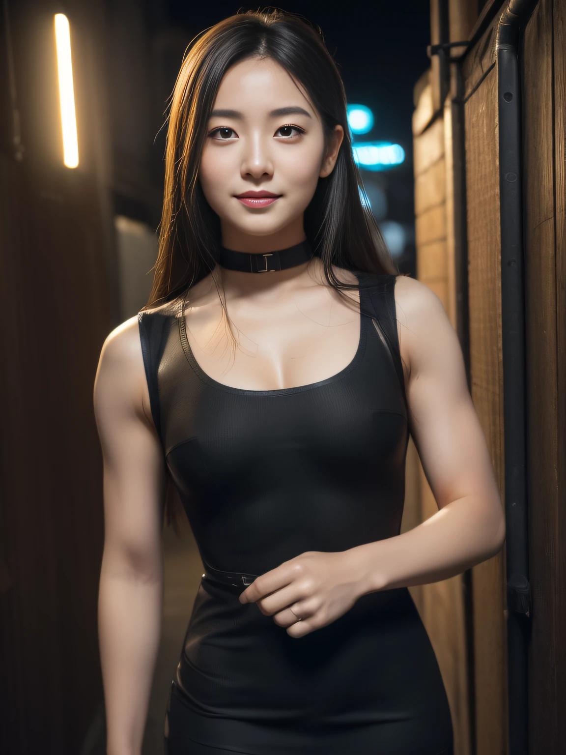 (Raw photo:1.2), (Photorealsitic:1.4), huge filesize, hight resolution, ighly detailed, top-quality, (masterpiece:1.6),(Hyper-realistic: 1.4), ighly detailed, nffsw, finely detail, top-quality, 8k wallpaper,People with Japan,((Girl with clear white skin)),、FULL BODYSHOT、((Muscle Girl:1.3, Giant physique:1.3, thick neck:1.3, thick and strong arms:1.3, thick and powerful legs:1.3))、((large full breasts:1.2)),((Lori face:1.2))、Narrow eyes, cute face, Narrow eyes,((A smile))、((Sauvage、One-length))、((((black bodycon dress:1.3))))、((Stand at the end of a narrow alley in the middle of the night、A big city lined with neon-lit Western-style izakayas))、 (Realistic: 1.3), (Smooth lighting: 1.05), (Improved cinematic lighting: 0.9), Realistic lighting, Backlight, Face Light, raytrace, (Whitening light: 1.2), ( Top quality real skins: 1.4), (Body Line Mood Increase:1.1), (Skin Texture Enhancement Beauty:1.1),