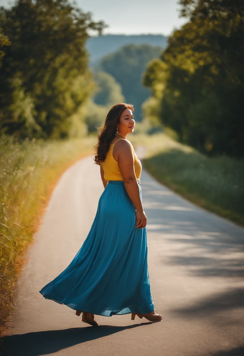 Chubby woman wears long skirt, Walk on the highway to the sun，clear blue skies, The Sony A6400 camera uses a 50mm Sigma lens to take photos from behind, Sunny day background blurred