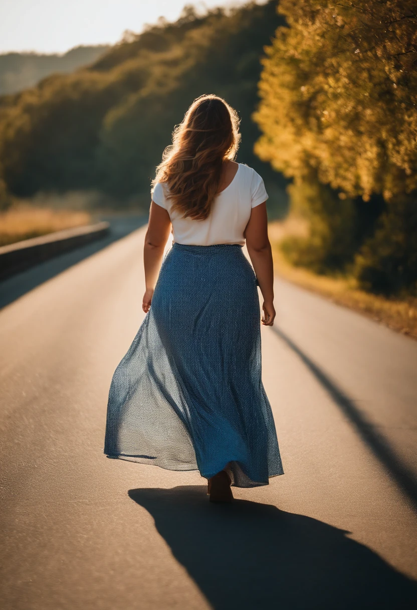 Chubby woman wears long skirt, Walk on the highway to the sun，clear blue skies, The Sony A6400 camera uses a 50mm Sigma lens to take photos from behind, Sunny day background blurred