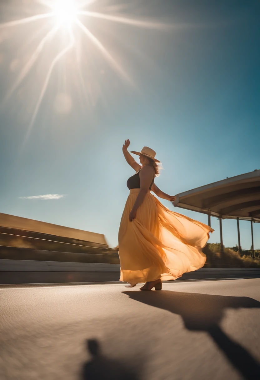 Chubby woman wears long skirt, Walk on the highway to the sun，clear blue skies, The Sony A6400 camera uses a 50mm Sigma lens to take photos from behind, Sunny day background blurred