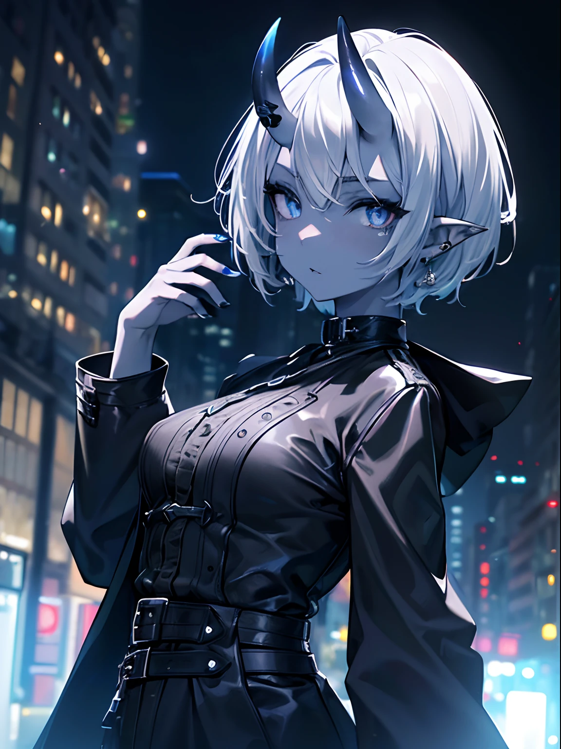 (Masterpiece, Best quality, ultra high resolution),1girl,short hair,(colored skin,ref skin),pointy ears,oni horns,beautiful and detailed face, detailed eyes,rock fashion,jacket, open jacket, black shirt,in the street,night,((grey and blue theme))