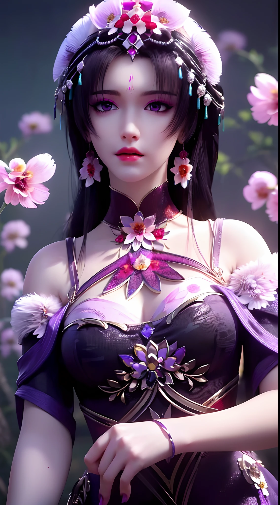 1 beautiful and sexy 20 year old girl, ((wearing a super thin purple dress:1.5)), a dress with diamonds, ((long black purple hair:1.6)), bangs, ((pastel pink hairpin:1.2)), jewelry elaborately made from precious stones and beautiful hair, ((wearing a black lace necklace:1.4))), the noble, noble style of an extremely beautiful girl, her small face is super cute, her face is very pretty, thin eyebrows, flawless beautiful face, ((black eye pupils: 0.8)), very beautiful eyes, ((purple eyes: 1.5)), nice makeup and hair detailed eyelashes, steamy eye makeup, high nose, earrings, red lips, ((closed mouth: 1;5 )) beautiful lips, slim hands, most beautiful thighs, ((arms spread out to the sides: 1.5) ), rosy face, clean face, flawless beautiful face, smooth white skin, (big breasts: 1.5)), ((high breasts: 1.6) ), tight breasts, beautiful cleavage, (((big breasts and super round: 1.8))), ((super tight breasts: 1.7)) , beautiful breasts, back arms, chest out, thin black mesh stockings with black lace trim, 8k photo, super high quality, super realistic, super 10x pixels, optical, bright studio, bright edges, dual-tone lighting, (high-detail skin:1.2), super 8k, soft lighting, high quality, volumetric lighting, photorealistic, photorealistic high resolution, lighting, best photo, 4k, 8k quality, blur effect, smooth sharp, 10 x pixel, ((red flower background:1.7)), aurora, lightning, super graphics realistic, most realistic graphics, alone, solo, Extremely sharp image, surreal, girl's upper body, (((frontal portrait: 1.2)))."