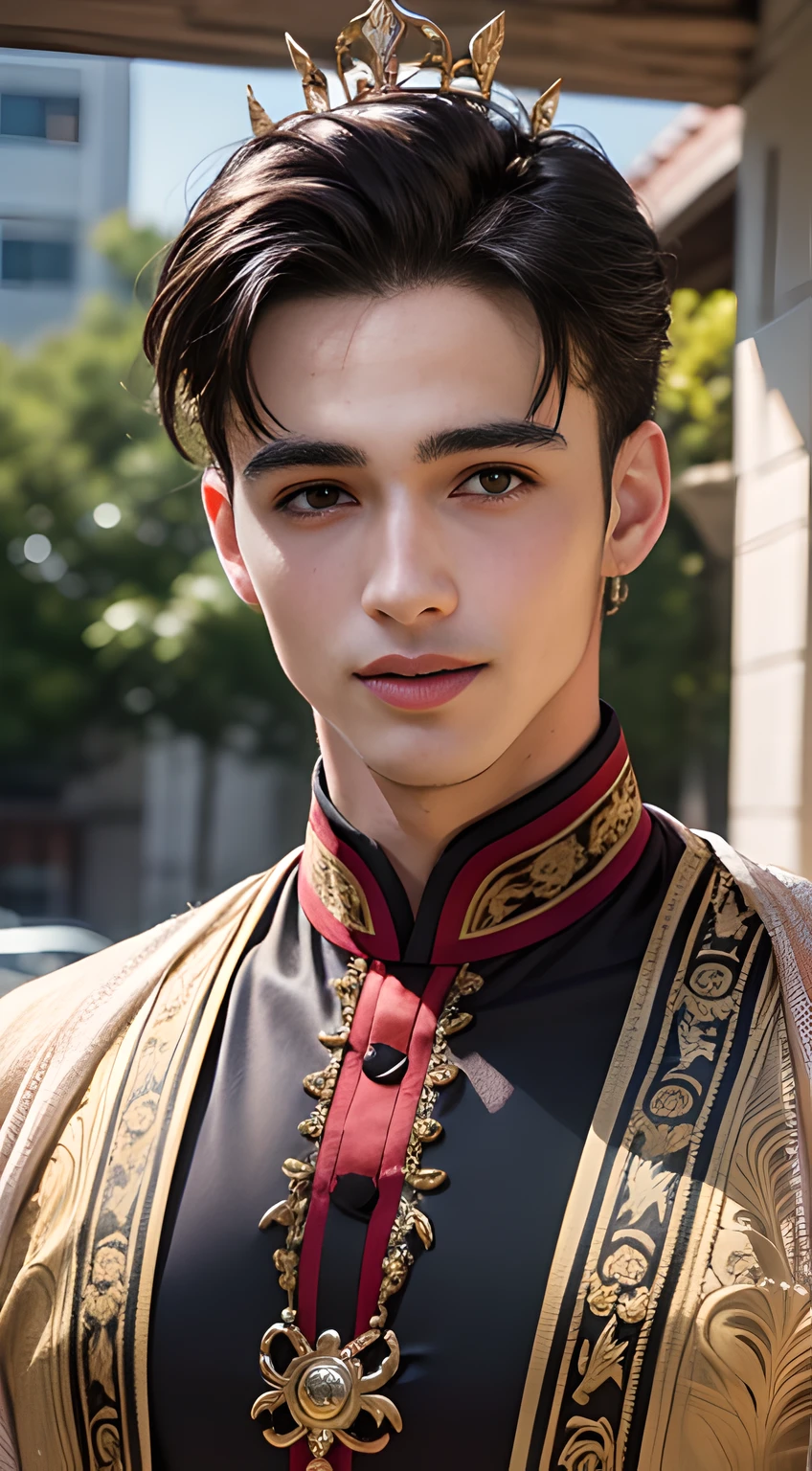 (((Men only))), ((head shot)), (face only), ((Pietro Boselli)), ((wearing an gray Indonesian traditional costume)), ((wearing a crown on his head)), (Indonesian traditional costume reflects the diverse cultures of the nation, featuring vibrant fabrics, intricate patterns, and often includes a kebaya (blouse) for women and a batik shirt for men, with accessories such as sarongs and headpieces, creating a rich tapestry of heritage attire), ((Handsome muscle man in his 20s)), (Big smile), (detaile: 1 in 1), Natural muscles, HIG quality, beautidful eyes, (Detailed face and eyes), (Face、: 1 / 2), Noise, Real Photographics、... ......................................................................................................................PSD, Sharp Focus, High resolution 8K, realisitic & Professional Photography, 8K UHD, Soft lighting, High quality, Film grain, FujifilmXT3