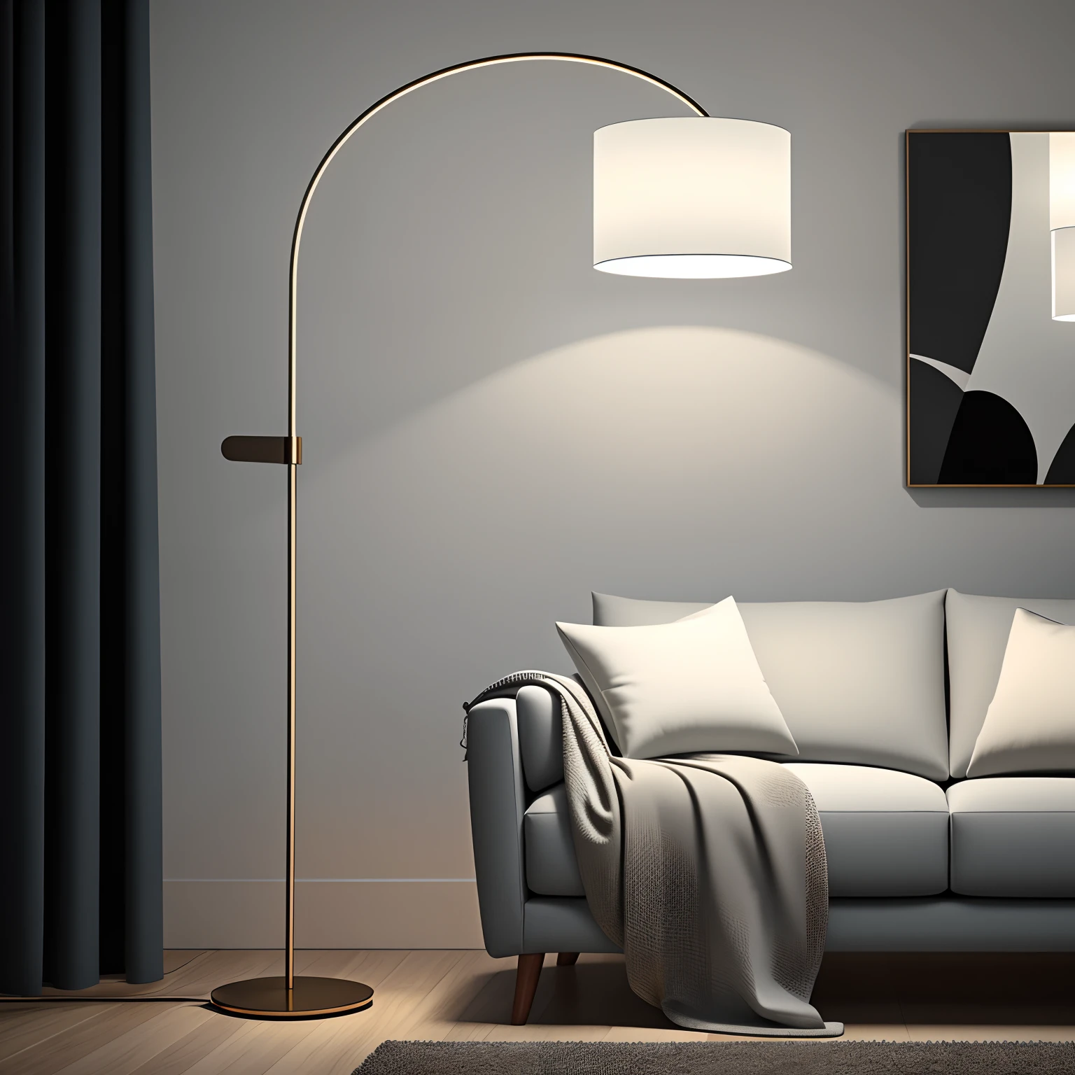 a modern minimalist style living room, a sofa with a floor lamp at the left, Photorealistic, Best quality, Masterpiece, High definition, photograph, professional, 4k, highly detailed