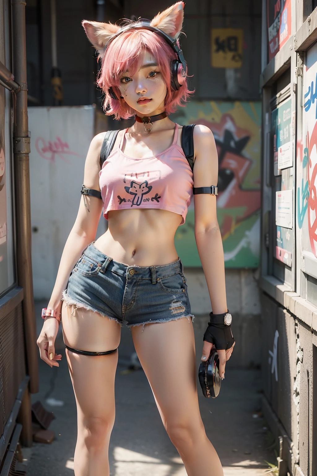 (masterpiece), (best quality), 8k resolution, 1girl, Asian girl, stunning beauty, perfect face, mature female, 20yo, fox ears, full body, wearing headphone, pink short hair, crop-top, short shorts, choker, leg strap, graffiti