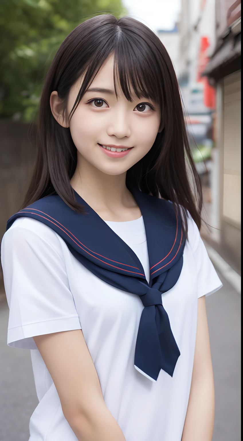 ((Neat elementary school girl)), (small person), ((slim, small breasts, flat breasts, small breasts)), short black hair, It&#39;s photorealistic, details, detailed skin texture, ultra detail, shy smile, super detailed face, detailed lip, detailed eyes, ((a 12 year old girl))、delicate eyebrows、((short neck))、((baby face))、professional photography、((looking at the viewer))、studio photography、People photography、((Japanese junior high school sailor suit)),,((not wearing makeup))With bangs,(messy hair),(Japanese style room),((sitting on the tatami:1.2)),