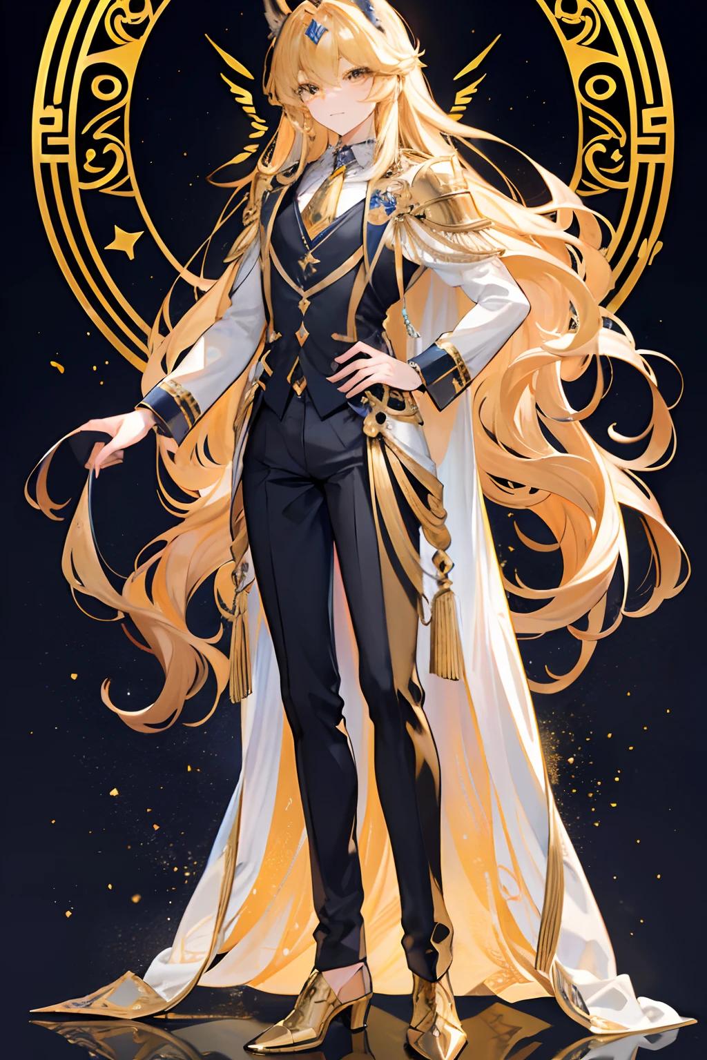 ((full body)) Create a manly man with unique characteristics, inspired by the sign of Leo and the cosmological stars An artistic representation of the essence of this sign, with striking features and a mysterious aura, leave in evidence golden traces of gold and golden lights, yellowish hair like gold and a confident smile Make clear the pride of the sign of Leo in its essence with a long curly and voluminous hair as a representation of the mane, make it in anubis style , it should represent a star guardian , with an suit inspired from the god Anubis in egyptian style . very detailed face , very detailed hands , very detailed shoes , good body proportions.