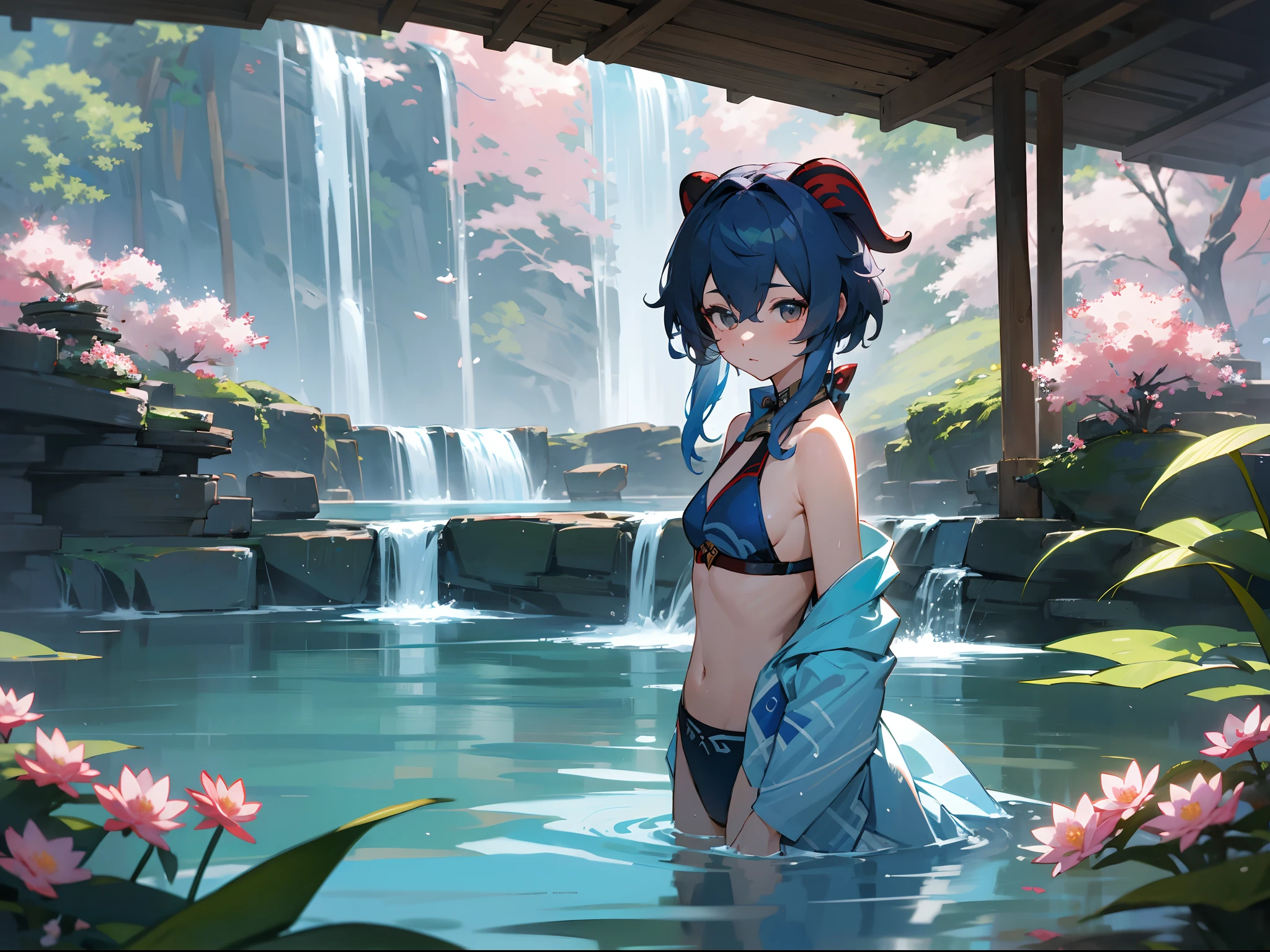 [Game 1.5], [Genshin Impact 1.5], [Ganyu 1.5] 1girl, Ganyu, blue bikini, swimming in pond, waterfalls, flowers, beautiful, Highly detailed and beautiful scenery