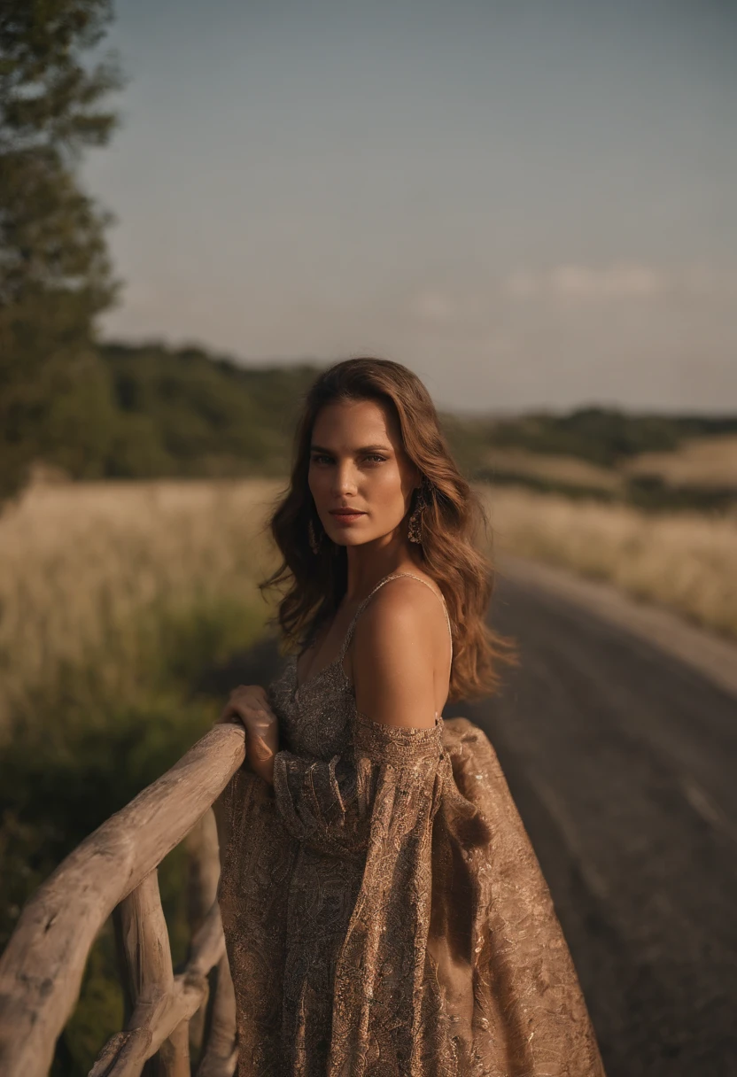 Sexy women wear long dresses, Walk on the highway to the sun，clear blue skies, The Sony A6400 camera uses a 50mm Sigma lens to take pictures from behind, Blurred background on sunny days