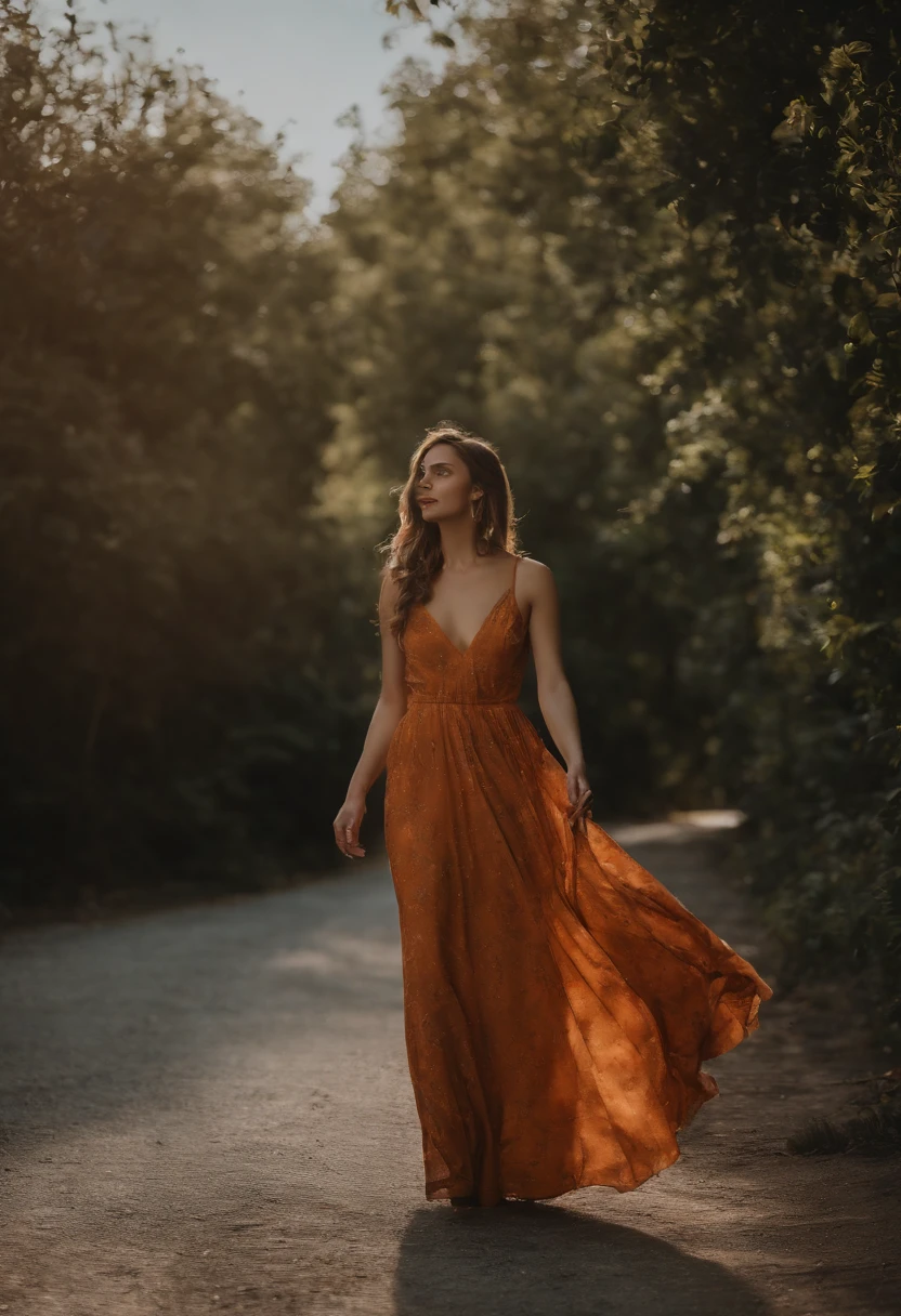 Sexy women wear long dresses, Walk on the highway to the sun,clear blue skies, The Sony A6400 camera uses a 50mm Sigma lens to take pictures from behind, Blurred background on sunny days