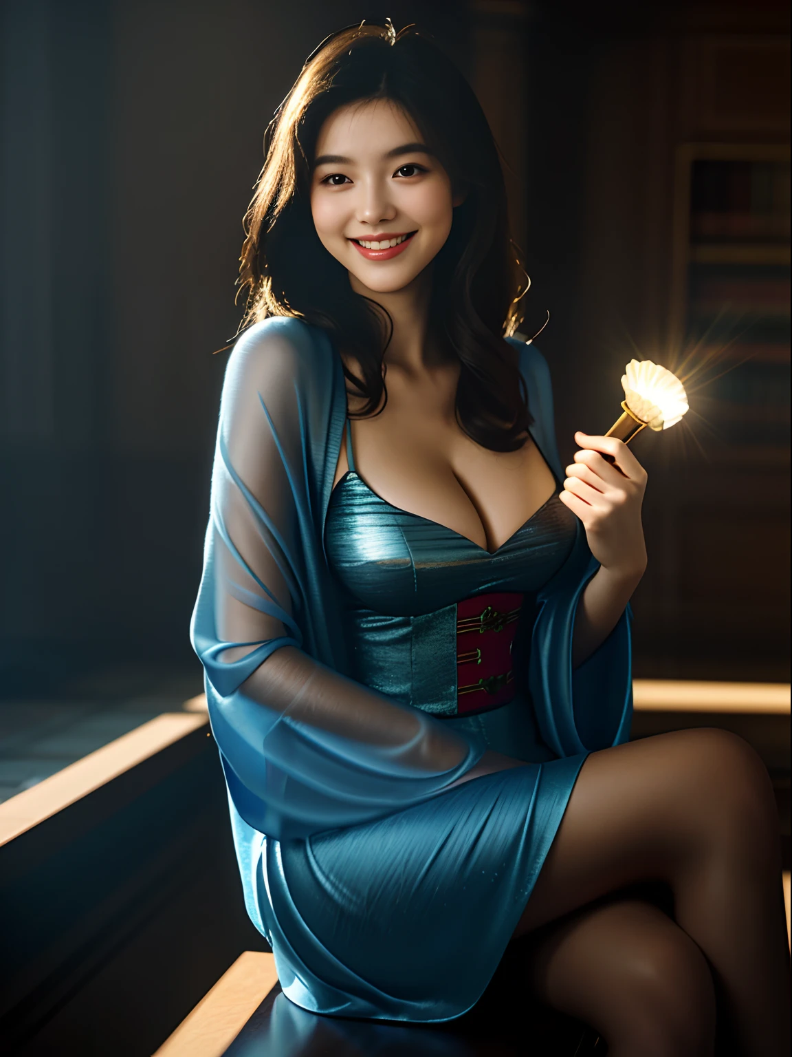 tmasterpiece， best qualtiy， hyper realisitc， Cinematic lighting effects，libraryai， Very beautiful smiling young lady reading，Bust photo, Light makeup，big breast，Take a photo above the knee， Anatomically correct，Medium shot, cloaks，ultra - detailed，