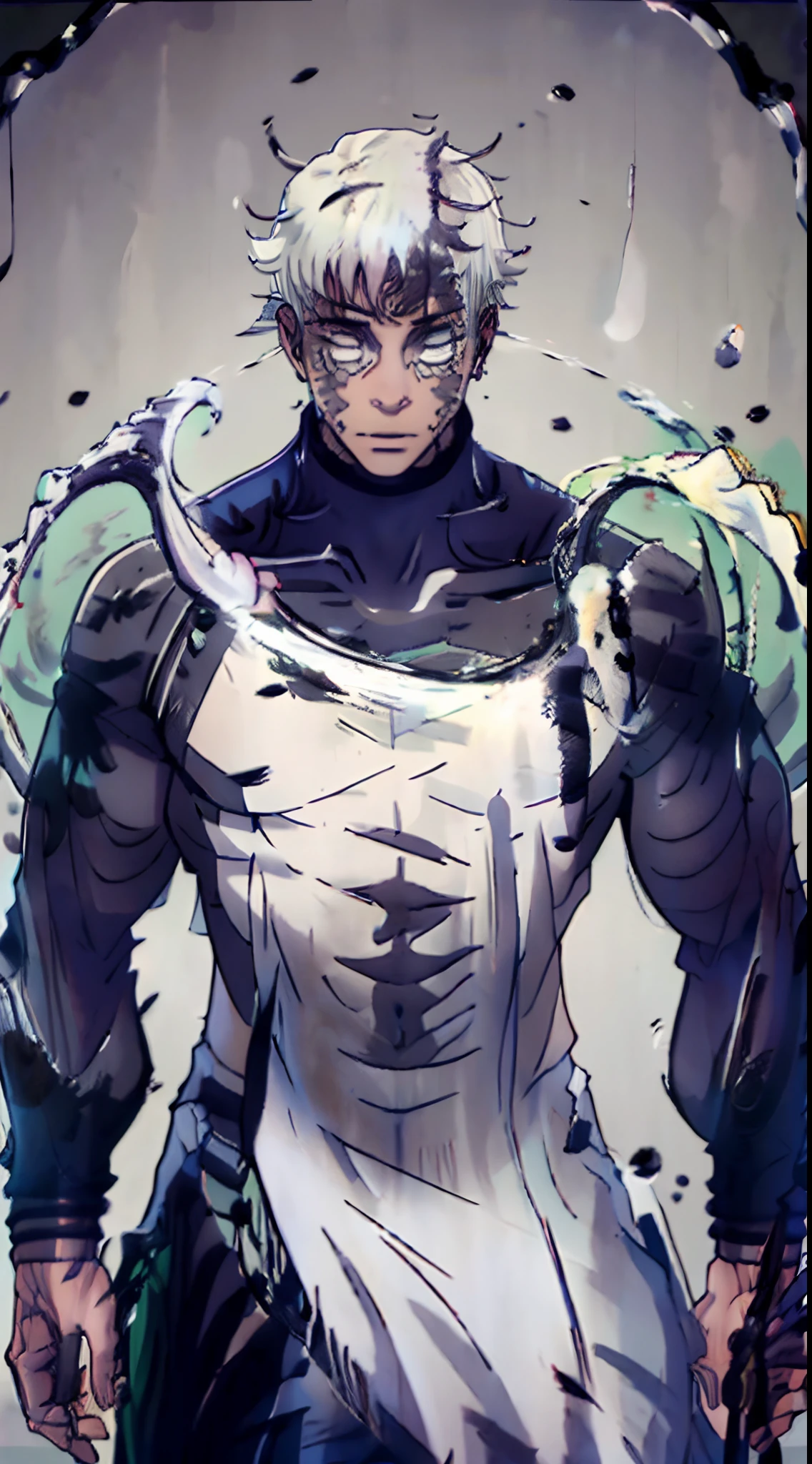 Create a full-length portrait of a dark-skinned character with white curly hair. He is a host of a natural entity similar to Hanami from Jujutsu Kaisen. His body features intricate branch patterns that cover his skin like white tattoos. The contrast between his dark skin and the white markings and horns must be striking. It radiates a mysterious and cursed aura. His eyes are white.