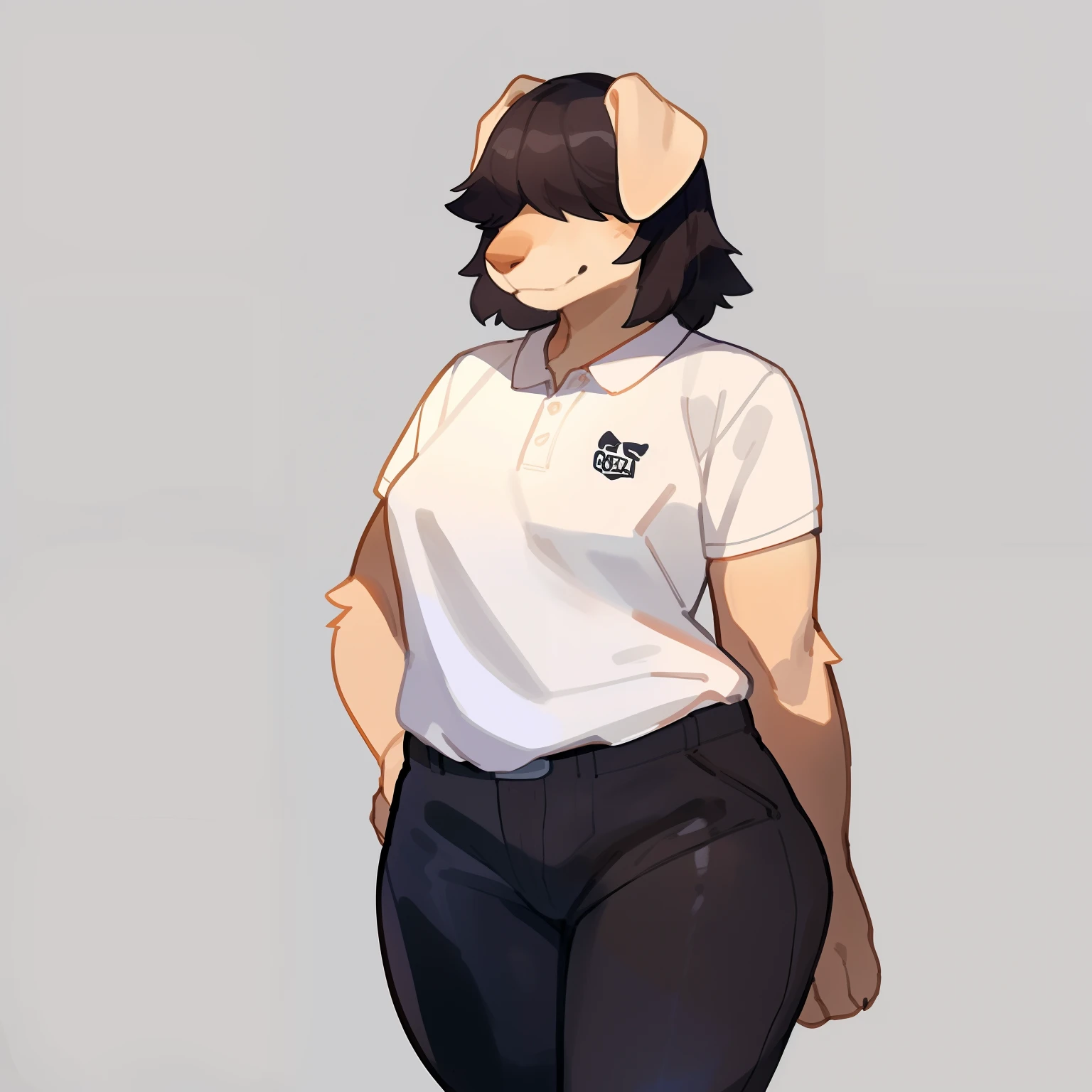 By bigcozyorca, by bebebebebe, by buta99, solo, female, (hair, snout), labrador, hair over eyes, bored, tall, looking at viewer, tight pants, polo shirt, standing, wide hips