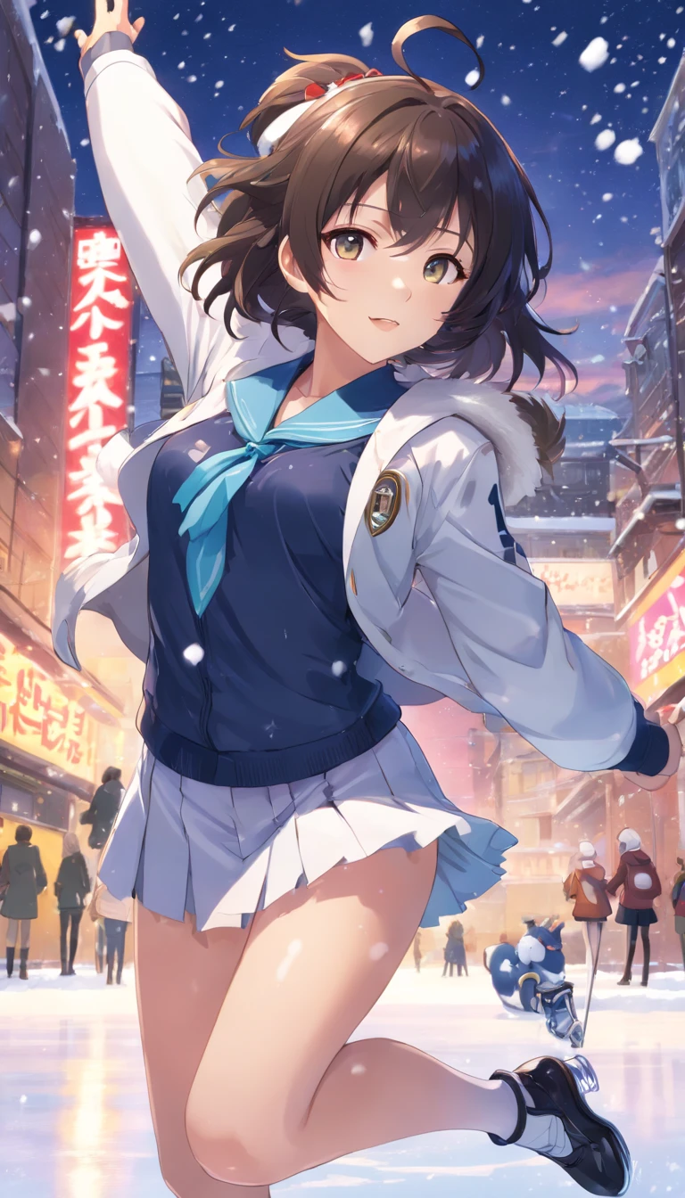 idol、jumpping、Usamimi、hi-school girl、Standing with one leg raised high、、 genitals show through、Glossy snow-white uniform、sexy pose、no-bra、tits out、shiny black long hair、Shameful、ice skating
