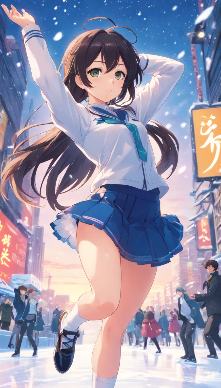 idol、jumpping、Usamimi、hi-school girl、Standing with one leg raised high、、 genitals show through、Glossy snow-white uniform、sexy pose、no-bra、tits out、shiny black long hair、Shameful、ice skating