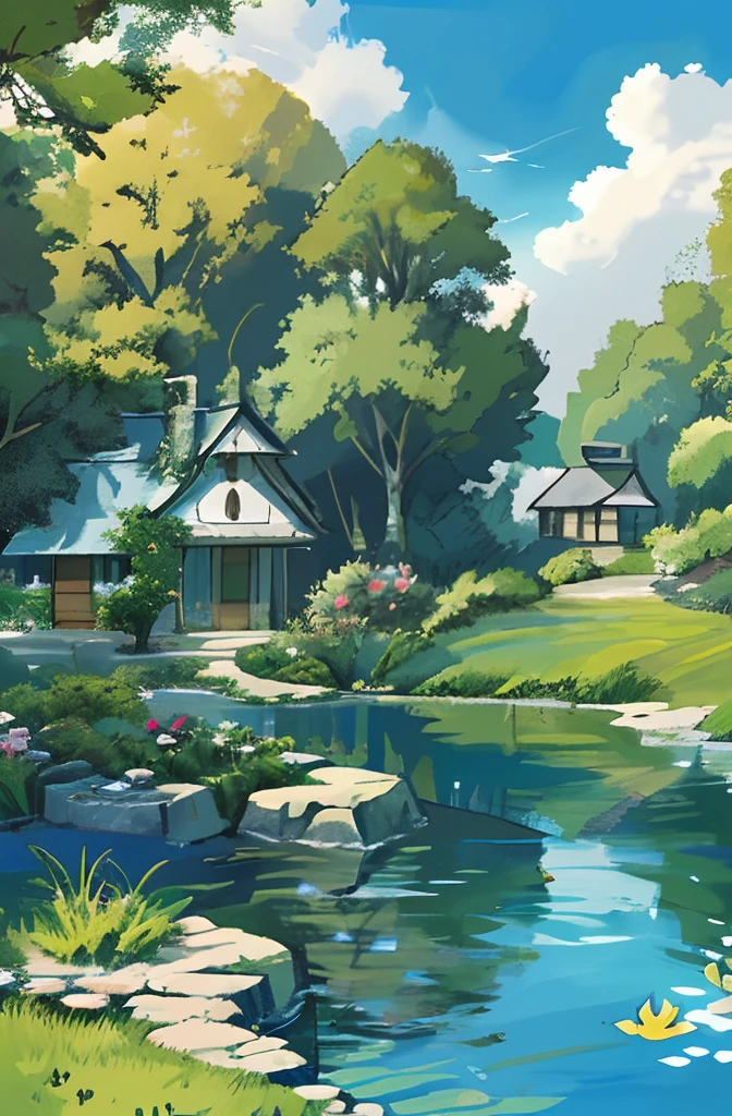fish pond，Fishing pond，with blue sky and white clouds，Rustic，in style of ghibli，Cartoon anime，Spring has sprung，Faraway view，Hook line cartoon style，There are no characters