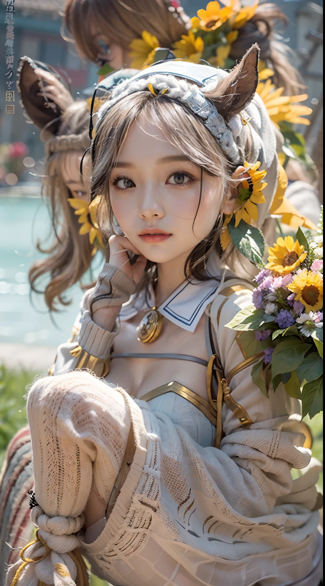 In a very grand scene，The extra-large wide-angle lens captures the appearance of a female centaur。She is a Sunflower Worship nun，Always opposed（Healing smiley face of knitted sunflower puppet😊：99.99）DOA。She is tall，It has the ultimate curvy beauty，The muscles are slender and firm，Beautiful lines。She has（Super huge sky blue eyes：99.99）、always（Wearing sexy glasses：6.66）、（She wears solemn nun attire：9.9）、Stepping on a boot-style skyscraper-heel、A pink cross hangs on his chest。Use Midjourney's advanced tools，Designed for female centaurs（A knitted sunflower puppet and create a super healing cartoon smiley face in the center of the flower tray as a decoration：9.9），and noble and solemn nun costumes，and highlight her unique physiological characteristics and appearance details，Add realism。And in the context of her prayers and listening to confessions，Spectacular views of nature，Such as the sky where storms and sunny days alternate、Brilliant rivers of stars and auroras、The snow-capped summit of Mount Everest、Fireworks in the mountain town, etc。ao mesmo tempo，Away from the hustle and bustle next to the chapel，Create a fantastic scene。Use Midjourney's advanced tools and multiple color palettes、Brush Strokes、Texture tools and model packages，It shows a sense of atmosphere where beauty and charm coexist。The charm of the female centaur is highlighted through color and lines，Enhance realism with detailing，Create a surreal dreamy feeling。Additionally，Use Midjourney's tools to add various exorcism props and books to the female centaur、pergaminhos，Create intricate hairstyles and outfits，Give her a sense of premium。She never flinches，No matter what monster you encounter，can respond quickly，Even the most extreme armies of natural disasters and monsters could not stop her and her front（Sunflower with Tyndall effect that emits sunlight9.99）。Use Midjourney's powerful tools，You can do it with incredible detail and beauty，Bring this ultra-grand and beautiful scene to life。Ultra-grand scenes，s