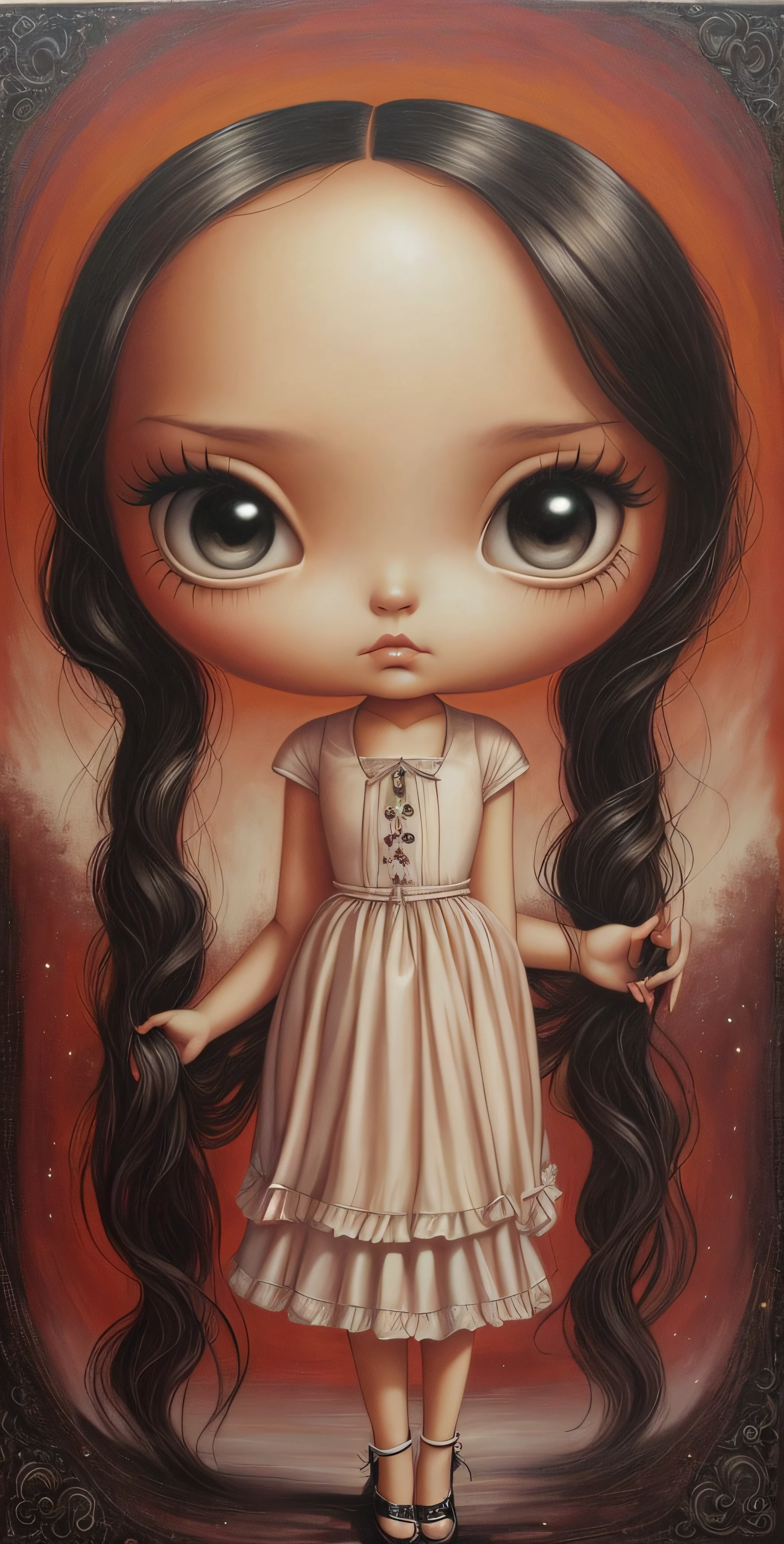 Pintura de una chica con cabello largo y un vestido con una nariz grande, inspirado por Mark Ryden, Estilo de Mark Ryden, Estilo Mark Ryden, benjamin lacombe, Mark Ryden muy detallado, Mark Ryden en el estilo de, Inspirado en Nicoletta Ceccoli, cortando el aire. Surrealismo pop, inspirado por Margaret Keane, !!!Esao Andrews!!!
