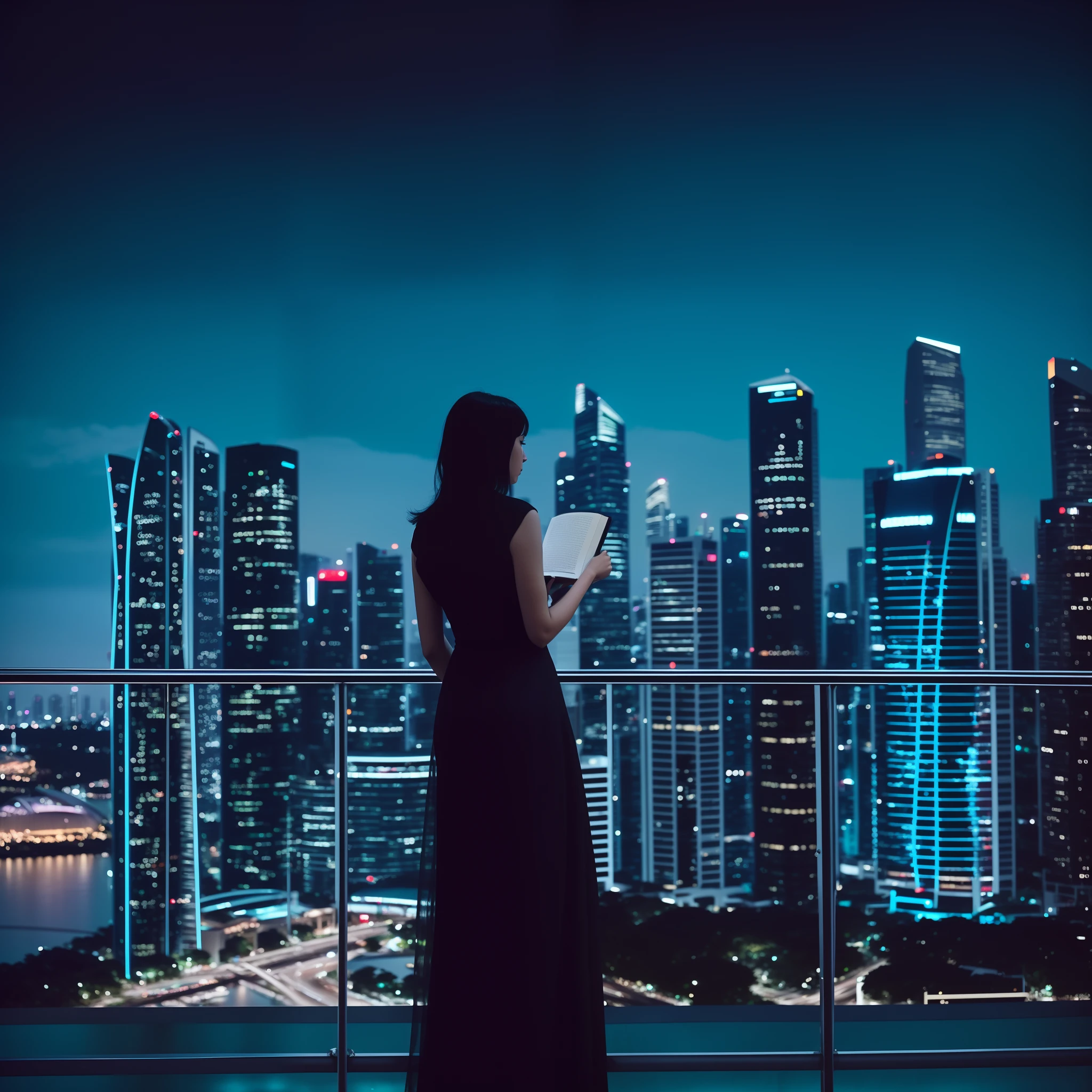 arafed woman in a black dress standing on a balcony with a book, the singapore skyline, overlooking a modern city, singapore, set on singaporean aesthetic, photography shot at blue hour, with a city in the background, portrait shot, singapore city, in style of kar wai wong, singapore ( 2 0 1 8 ), neo - noir setting, by Patrick Ching