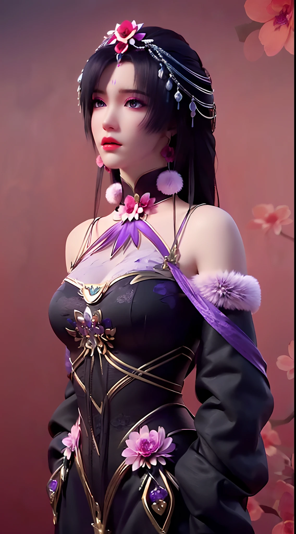 1 beautiful and sexy 20 year old girl, ((wearing a super thin purple dress:1.5)), a dress with diamonds, ((long black purple hair:1.6)), bangs, ((pastel pink hairpin:1.2)), jewelry elaborately made from precious stones and beautiful hair, ((wearing a black lace necklace:1.4))), the noble, noble style of an extremely beautiful girl, her small face is super cute, her face is very pretty, thin eyebrows, flawless beautiful face, ((black eye pupils: 0.8)), very beautiful eyes, ((purple eyes: 1.5)), nice makeup and hair detailed eyelashes, steamy eye makeup, high nose, earrings, red lips, ((closed mouth: 1;5 )) beautiful lips, slim hands, most beautiful thighs, ((arms spread out to the sides: 1.5) ), rosy face, clean face, flawless beautiful face, smooth white skin, (big breasts: 1.5)), ((high breasts: 1.6) ), tight breasts, beautiful cleavage, (((big breasts and super round: 1.8))), ((super tight breasts: 1.7)) , beautiful breasts, back arms, chest out, thin black mesh stockings with black lace trim, 8k photo, super high quality, super realistic, super 10x pixels, optical, bright studio, bright edges, dual-tone lighting, (high-detail skin:1.2), super 8k, soft lighting, high quality, volumetric lighting, photorealistic, photorealistic high resolution, lighting, best photo, 4k, 8k quality, blur effect, smooth sharp, 10 x pixel, bright harmonious colors, ((red flower background:1.7)), aurora, lightning, super graphics realistic, most realistic graphics, alone, solo, Extremely sharp image, surreal, girl's upper body, (((frontal portrait: 1.2)))."