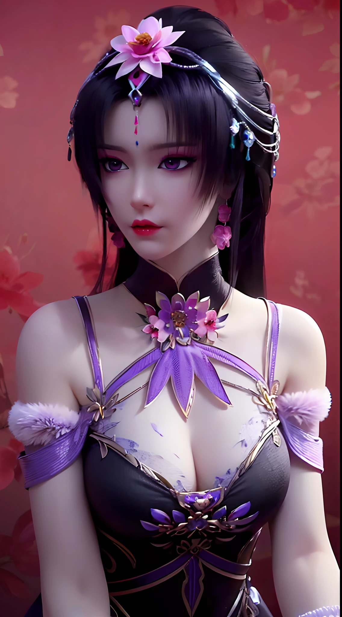 1 beautiful and sexy 20 year old girl, ((wearing a super thin purple dress:1.5)), a dress with diamonds, ((long black purple hair:1.6)), bangs, ((pastel pink hairpin:1.2)), jewelry elaborately made from precious stones and beautiful hair, ((wearing a black lace necklace:1.4))), the noble, noble style of an extremely beautiful girl, her small face is super cute, her face is very pretty, thin eyebrows, flawless beautiful face, ((black eye pupils: 0.8)), very beautiful eyes, ((purple eyes: 1.5)), nice makeup and hair detailed eyelashes, steamy eye makeup, high nose, earrings, red lips, ((closed mouth: 1;5 )) beautiful lips, slim hands, most beautiful thighs, ((arms spread out to the sides: 1.5) ), rosy face, clean face, flawless beautiful face, smooth white skin, (big breasts: 1.5)), ((high breasts: 1.6) ), tight breasts, beautiful cleavage, (((big breasts and super round: 1.8))), ((super tight breasts: 1.7)) , beautiful breasts, back arms, chest out, thin black mesh stockings with black lace trim, 8k photo, super high quality, super realistic, super 10x pixels, optical, bright studio, bright edges, dual-tone lighting, (high-detail skin:1.2), super 8k, soft lighting, high quality, volumetric lighting, photorealistic, photorealistic high resolution, lighting, best photo, 4k, 8k quality, blur effect, smooth sharp, 10 x pixel, bright harmonious colors, ((red flower background:1.7)), aurora, lightning, super graphics realistic, most realistic graphics, alone, solo, Extremely sharp image, surreal, girl's upper body, (((frontal portrait: 1.2)))."