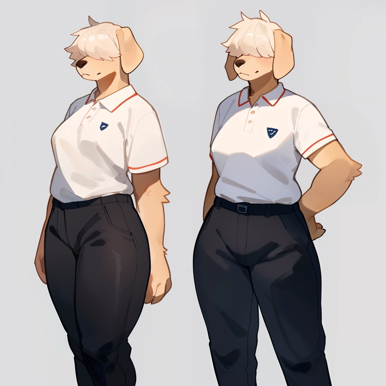 By bigcozyorca, by bebebebebe, by buta99, solo, female, (hair, snout), labrador, hair over eyes, bored, tall, looking at viewer, tight pants, polo shirt, standing, wide hips