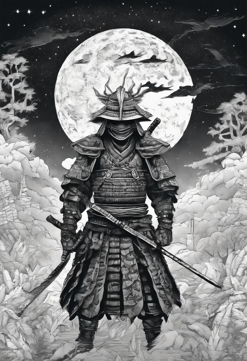 The samurai holds a katana, Starry skies and mist shroud the landscape.