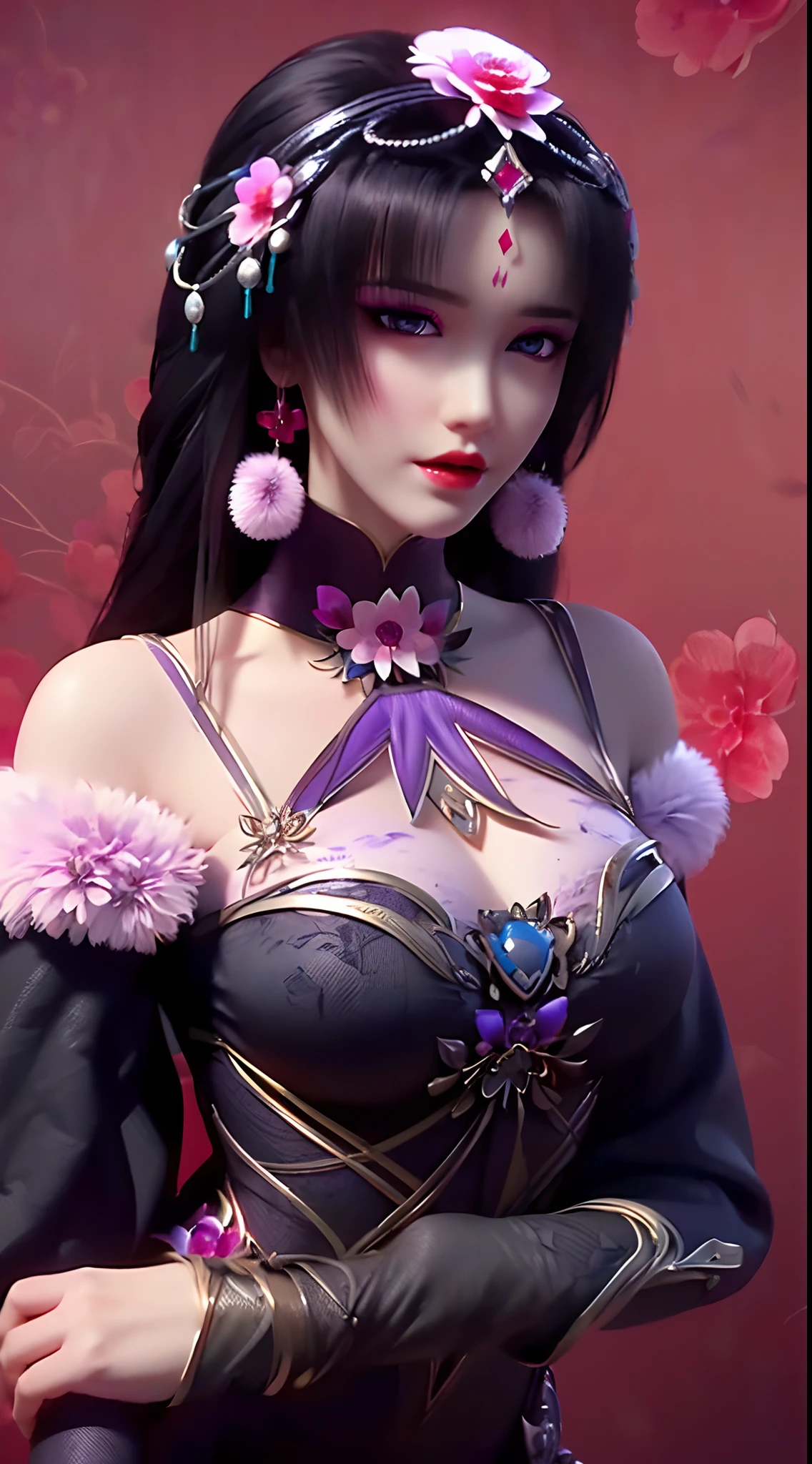 1 beautiful and sexy 20 year old girl, ((wearing a super thin purple dress:1.5)), a dress with diamonds, ((long black purple hair:1.6)), bangs, ((pastel pink hairpin:1.2)), jewelry elaborately made from precious stones and beautiful hair, ((wearing a black lace necklace:1.4))), the noble, noble style of an extremely beautiful girl, her small face is super cute, her face is very pretty, thin eyebrows, flawless beautiful face, ((black eye pupils: 0.8)), very beautiful eyes, ((purple eyes: 1.5)), nice makeup and hair detailed eyelashes, steamy eye makeup, high nose, earrings, red lips, ((closed mouth: 1;5 )) beautiful lips, slim hands, most beautiful thighs, ((arms spread out to the sides: 1.5) ), rosy face, clean face, flawless beautiful face, smooth white skin, (big breasts: 1.5)), ((high breasts: 1.6) ), tight breasts, beautiful cleavage, (((big breasts and super round: 1.8))), ((super tight breasts: 1.7)) , beautiful breasts, back arms, chest out, thin black mesh stockings with black lace trim, 8k photo, super high quality, super realistic, super 10x pixels, optical, bright studio, bright edges, dual-tone lighting, (high-detail skin:1.2), super 8k, soft lighting, high quality, volumetric lighting, photorealistic, photorealistic high resolution, lighting, best photo, 4k, 8k quality, blur effect, smooth sharp, 10 x pixel, bright harmonious colors, ((red flower background:1.7)), aurora, lightning, super graphics realistic, most realistic graphics, alone, solo, Extremely sharp image, surreal, girl's upper body, (((frontal portrait: 1.2)))."