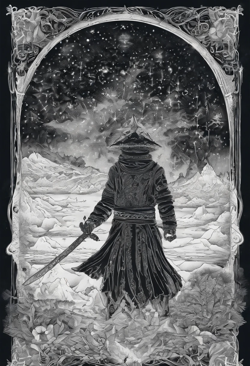 The swordsman holds a knife, Starry skies and mist shroud the landscape.