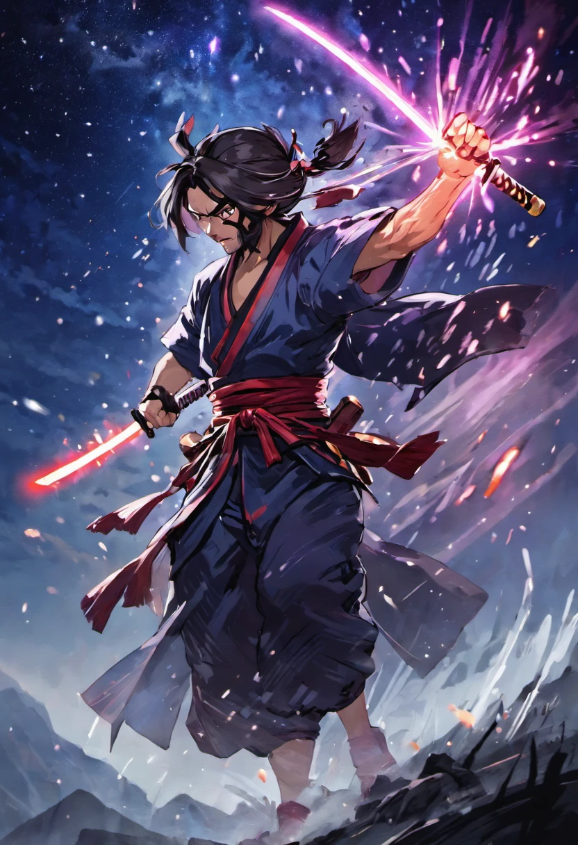 The samurai holds a katana, Starry skies and mist shroud the landscape.