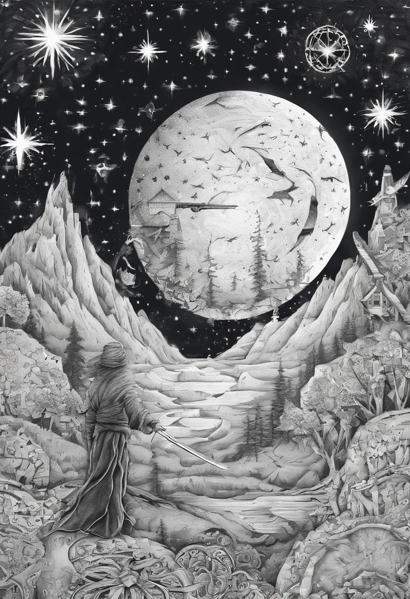 The swordsman holds a knife, Starry skies and mist shroud the landscape.