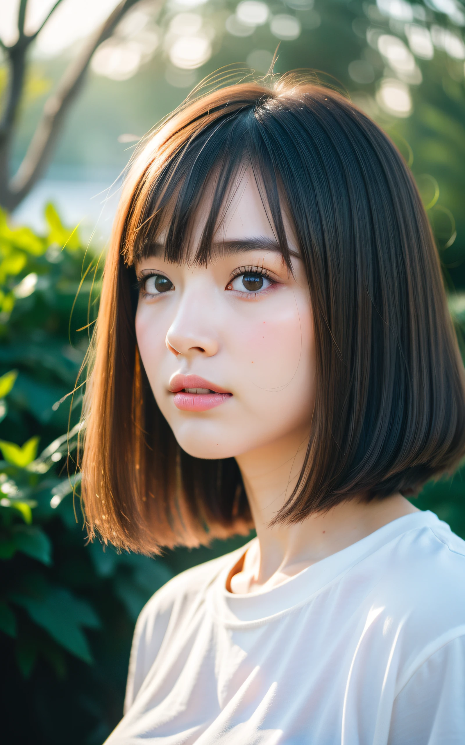 masterpiece, Best Quality, 8K, 1girl, Correct human hands, correct human fingers, japanese girl, face closeup, Cute, Girly, Delicate girl, Neat and clean beauty, medium breast, sexy lips, luminescence, Looking away, Raw photo, F/1.8, 135 mm, NIKON, Anatomically correct, bokeh，Textured skin, Professional Photography, Portrait, Soft light, Professional Lighting, back light, Film grain, (Eyes and faces with detailed:1.0), brown hair, short hair swaying in the wind, T-shirt