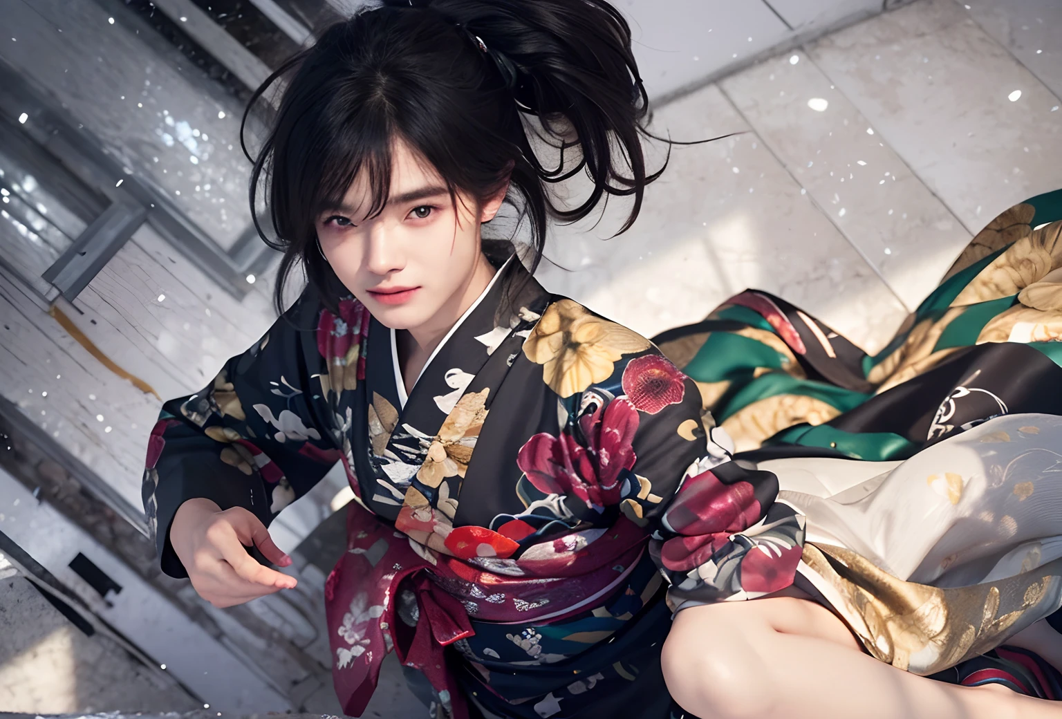 superfine illustration, very detailed beautiful face and eyes, Dynamic Angle, -yeld man kimono, Body and head straight in the photo, Facing the viewer of the photo, Eyes fixed on the lens, You can see the shoulders and head in the photo, Man in the center of the photo, 8K, Best Quality, masutepiece, Realistic, photos realistic, cinematic photography, A hyper-realistic, 1 person, Perfect Lighting, DSRL, professional photograpy, 4K, Show from head to knee, I'm bursting out laughing, Laugh