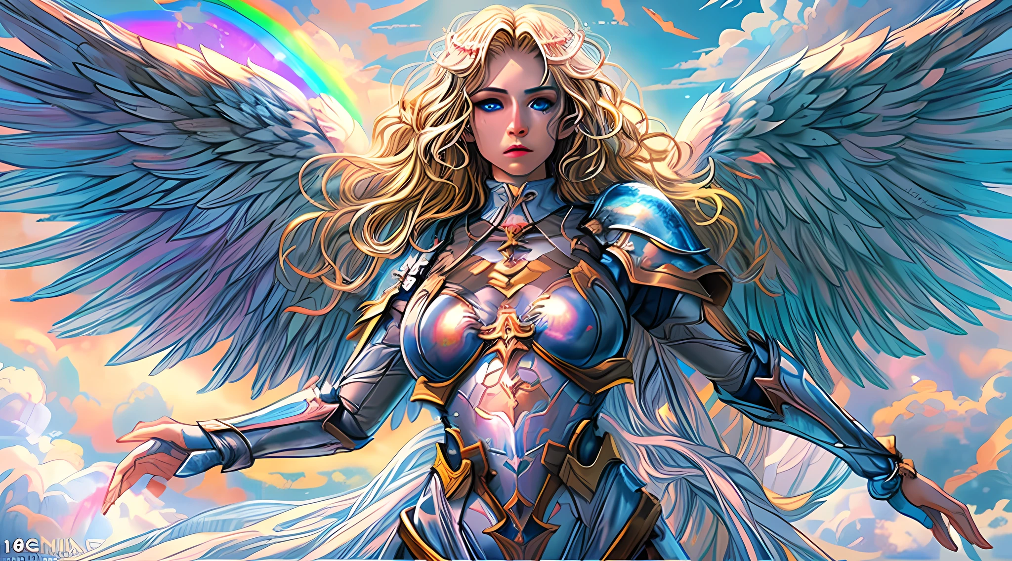 high details, best quality, 16k, [ultra detailed], masterpiece, best quality, dynamic angle, ultra wide shot, RAW, photorealistic, fantasy art, realistic art, a picture of an archangel flying in a the sky between the clouds, fantasy art, RPG art, a full distance shot, full body, an epic beautiful female archangel, blond hair, long hair, (wavy hair: 1.2), (blue eyes: 1.2), intense eyes (best detailed face: 1.3), (ultra feminine: 1.3) spread wings has_wings, (rainbow colored wings: 1.5) wearing heavy armor, (with glowing divine sigils: 1.2), light clouds in the background, a n epic (rainbow: 1.5) between the clouds, 16k, ultra detailed, masterpiece, best quality, ultra detailed, full body, ultra wide shot, photorealistic, 2.5D rendering
