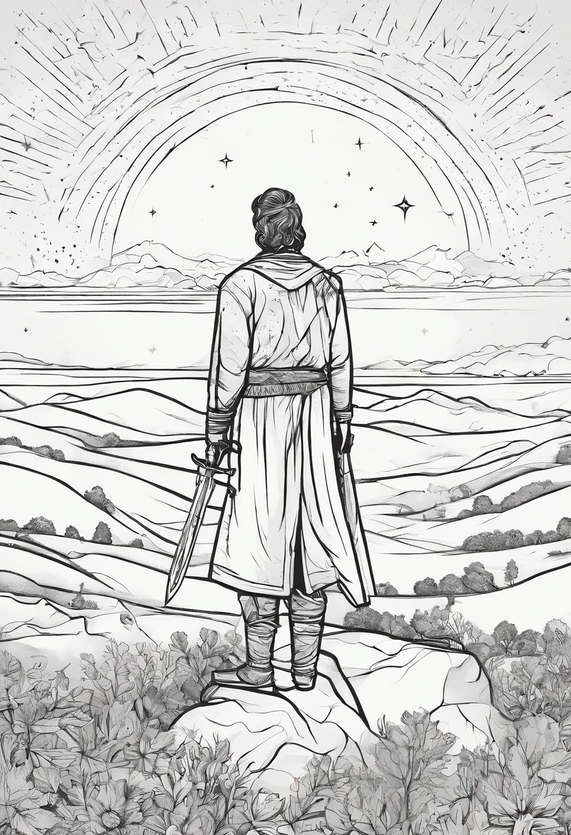 The swordsman holds a knife, Starry skies and mist shroud the landscape.