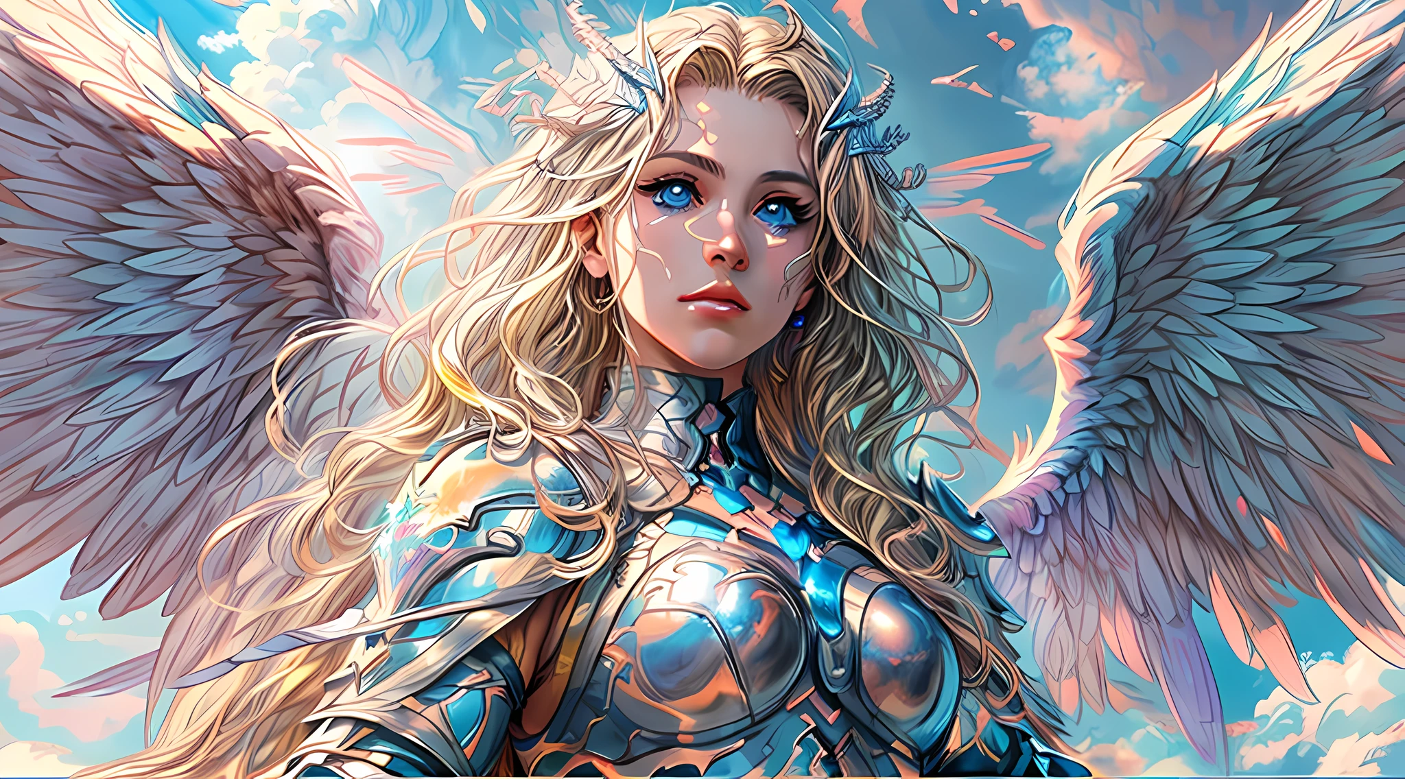 high details, best quality, 16k, [ultra detailed], masterpiece, best quality, dynamic angle, ultra wide shot, RAW, photorealistic, fantasy art, realistic art, a picture of an archangel flying in a the sky between the clouds, fantasy art, RPG art, a full distance shot, full body, an epic beautiful female archangel, blond hair, long hair, (wavy hair: 1.2), (blue eyes: 1.2), intense eyes (best detailed face: 1.3), (ultra feminine: 1.3) spread wings has_wings, (rainbow colored wings: 1.5) wearing heavy armor, (with glowing divine sigils: 1.2), light clouds in the background, a n epic (rainbow: 1.5) between the clouds, 16k, ultra detailed, masterpiece, best quality, ultra detailed, full body, ultra wide shot, photorealistic, 2.5D rendering